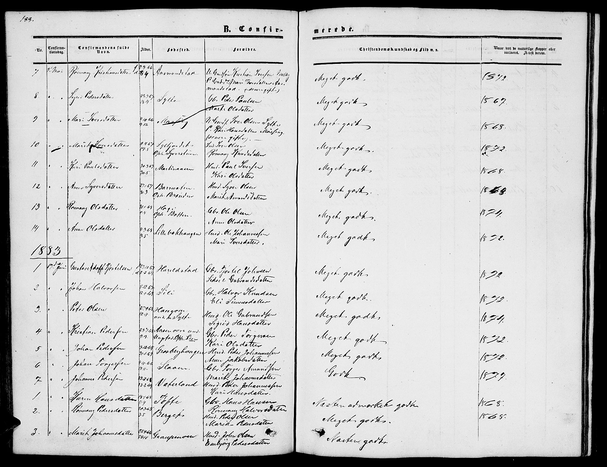 Nord-Fron prestekontor, AV/SAH-PREST-080/H/Ha/Hab/L0002: Parish register (copy) no. 2, 1851-1883, p. 188