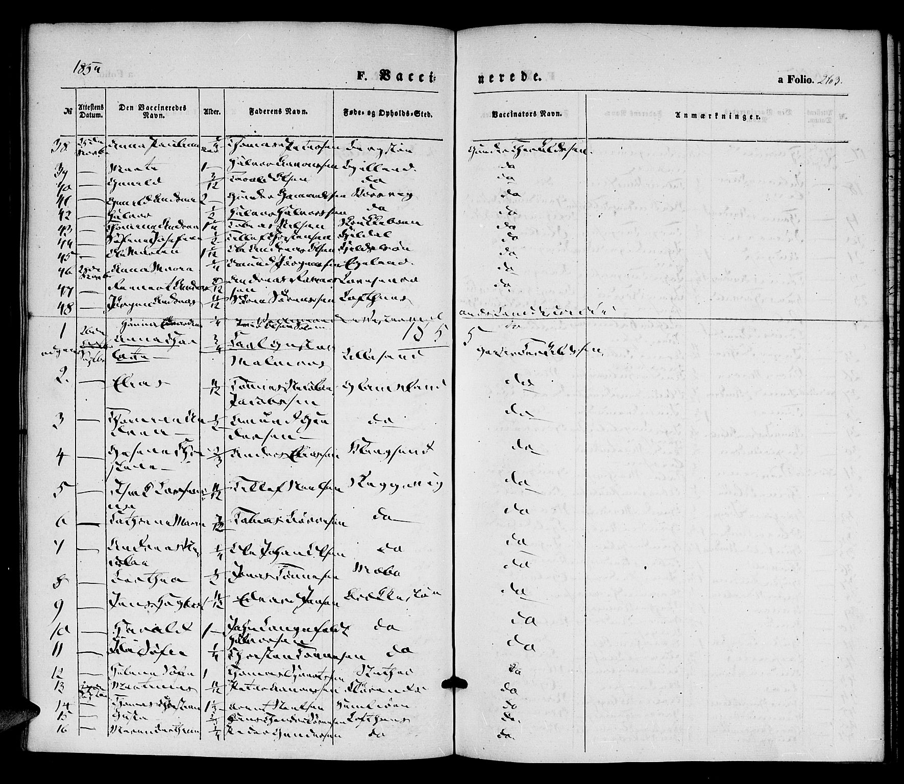 Vestre Moland sokneprestkontor, SAK/1111-0046/F/Fa/Fab/L0006: Parish register (official) no. A 6, 1850-1858, p. 263