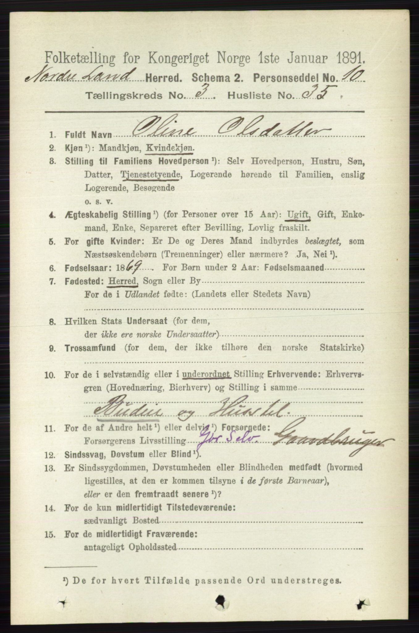 RA, 1891 census for 0538 Nordre Land, 1891, p. 1143