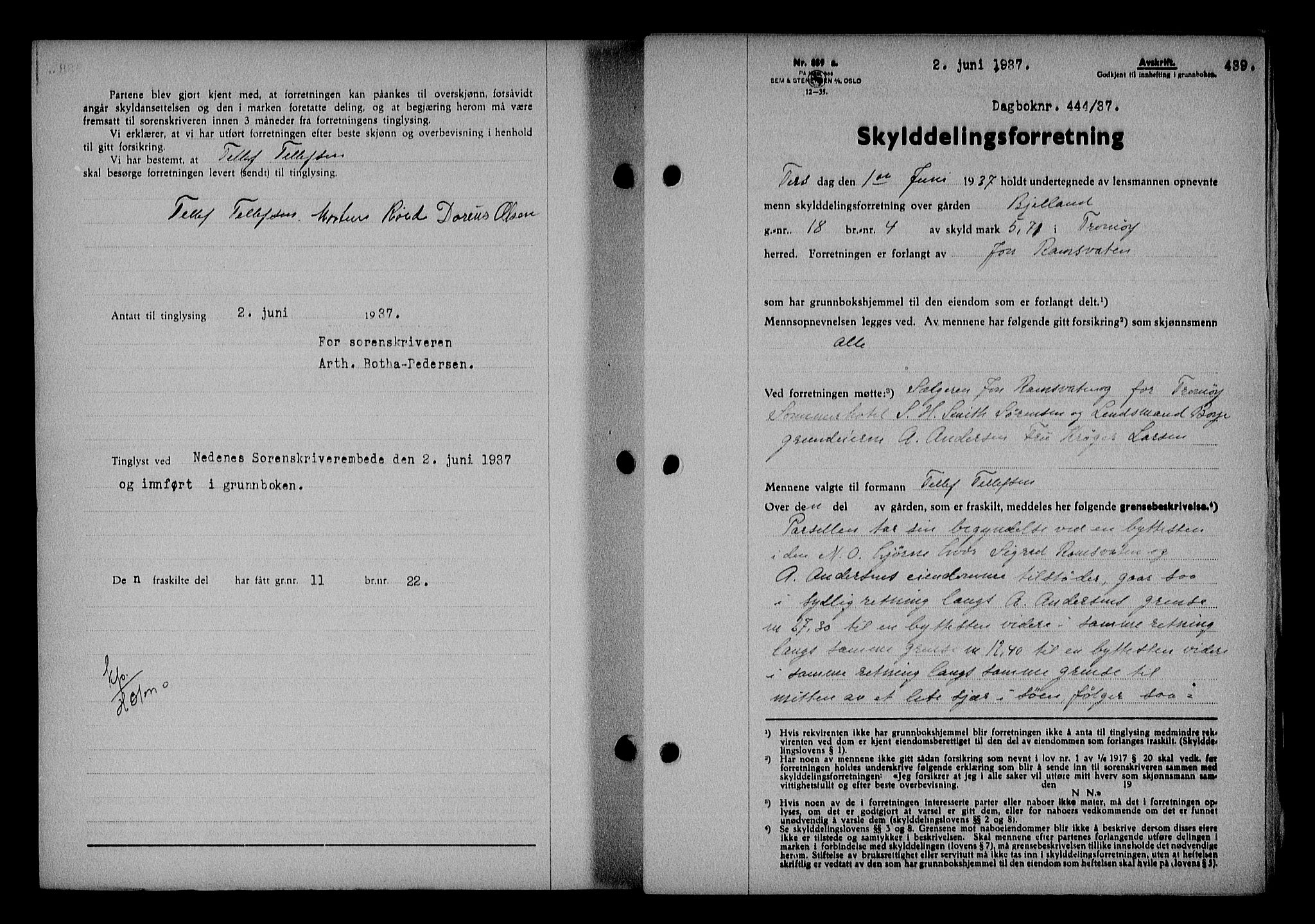 Nedenes sorenskriveri, SAK/1221-0006/G/Gb/Gba/L0043: Mortgage book no. 39, 1936-1937, Diary no: : 444/1937