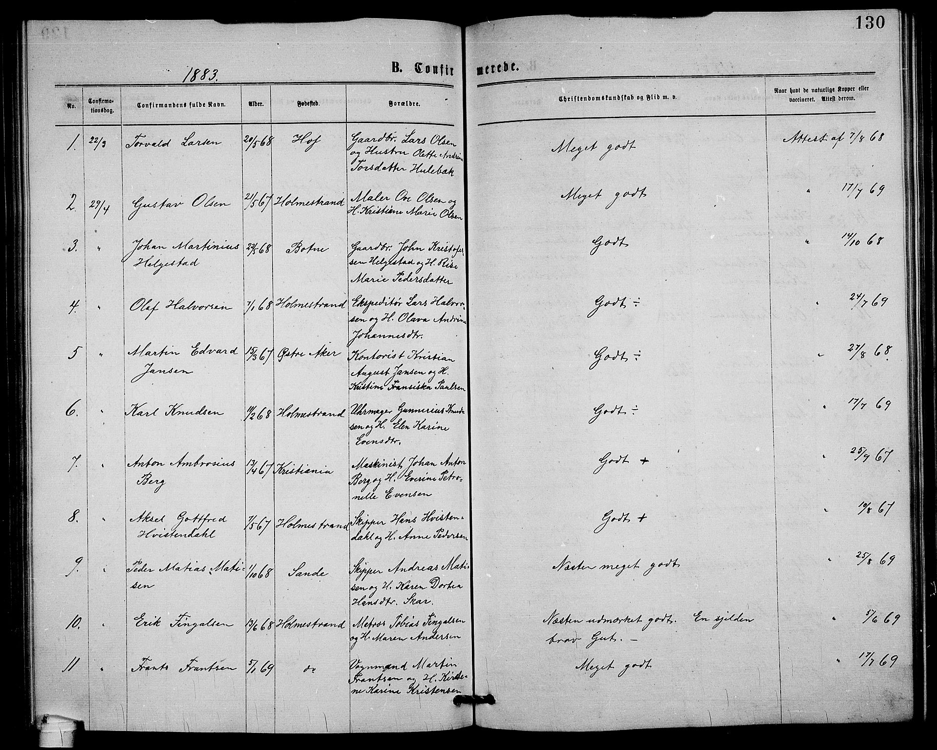 Holmestrand kirkebøker, AV/SAKO-A-346/G/Ga/L0004: Parish register (copy) no. 4, 1874-1888, p. 130