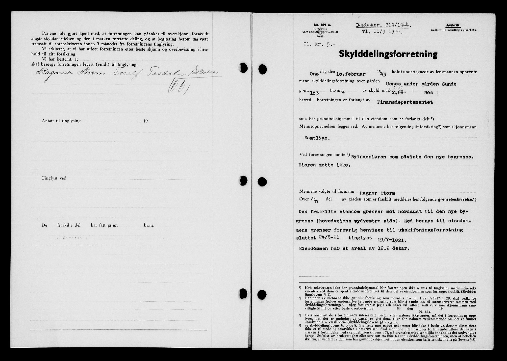 Flekkefjord sorenskriveri, SAK/1221-0001/G/Gb/Gba/L0059: Mortgage book no. A-7, 1944-1945, Diary no: : 219/1944