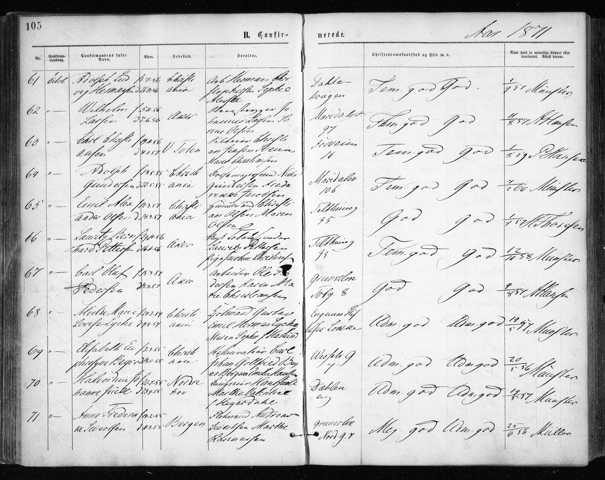 Gamle Aker prestekontor Kirkebøker, AV/SAO-A-10617a/F/L0003: Parish register (official) no. 3, 1865-1873, p. 105