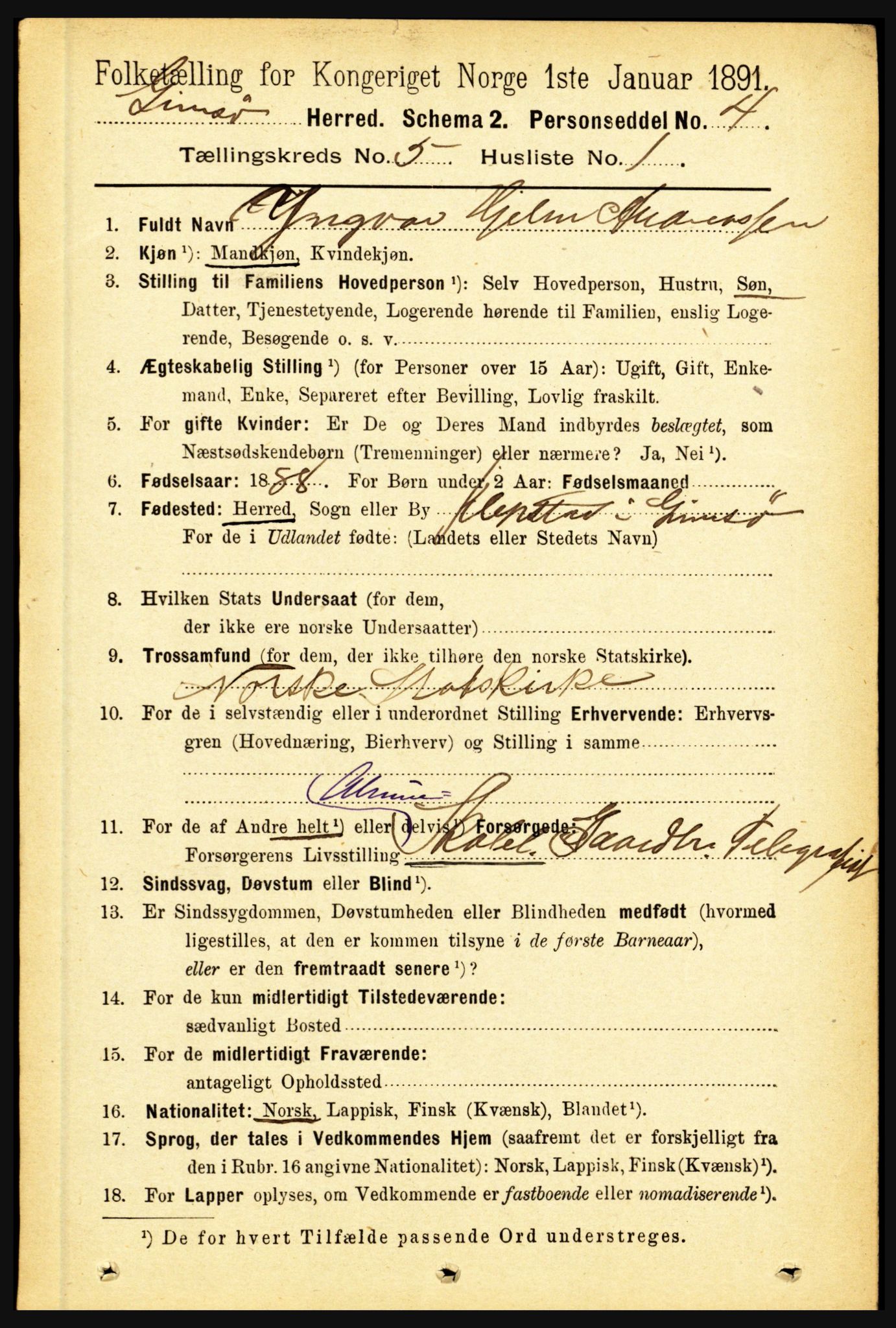 RA, 1891 census for 1864 Gimsøy, 1891, p. 836