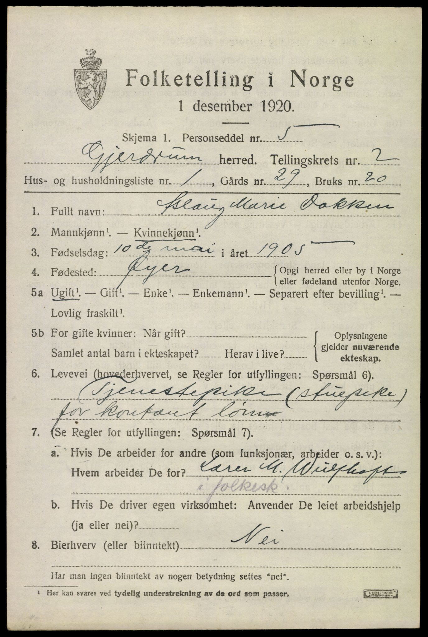 SAO, 1920 census for Gjerdrum, 1920, p. 1358