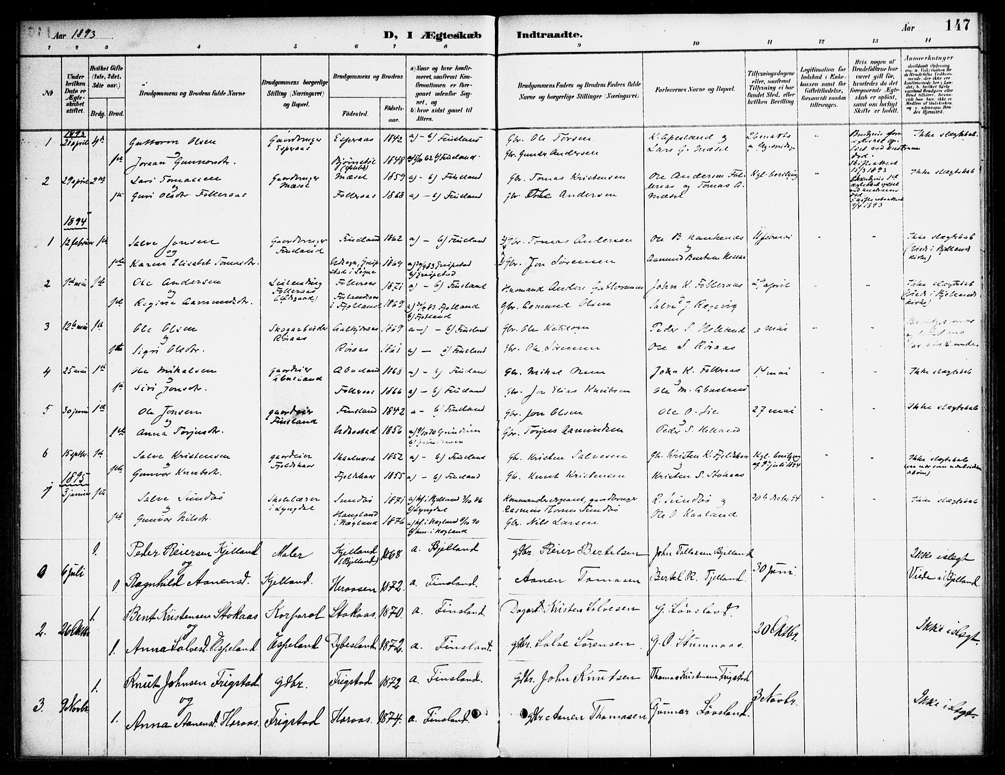 Bjelland sokneprestkontor, SAK/1111-0005/F/Fa/Fab/L0004: Parish register (official) no. A 4, 1887-1920, p. 147
