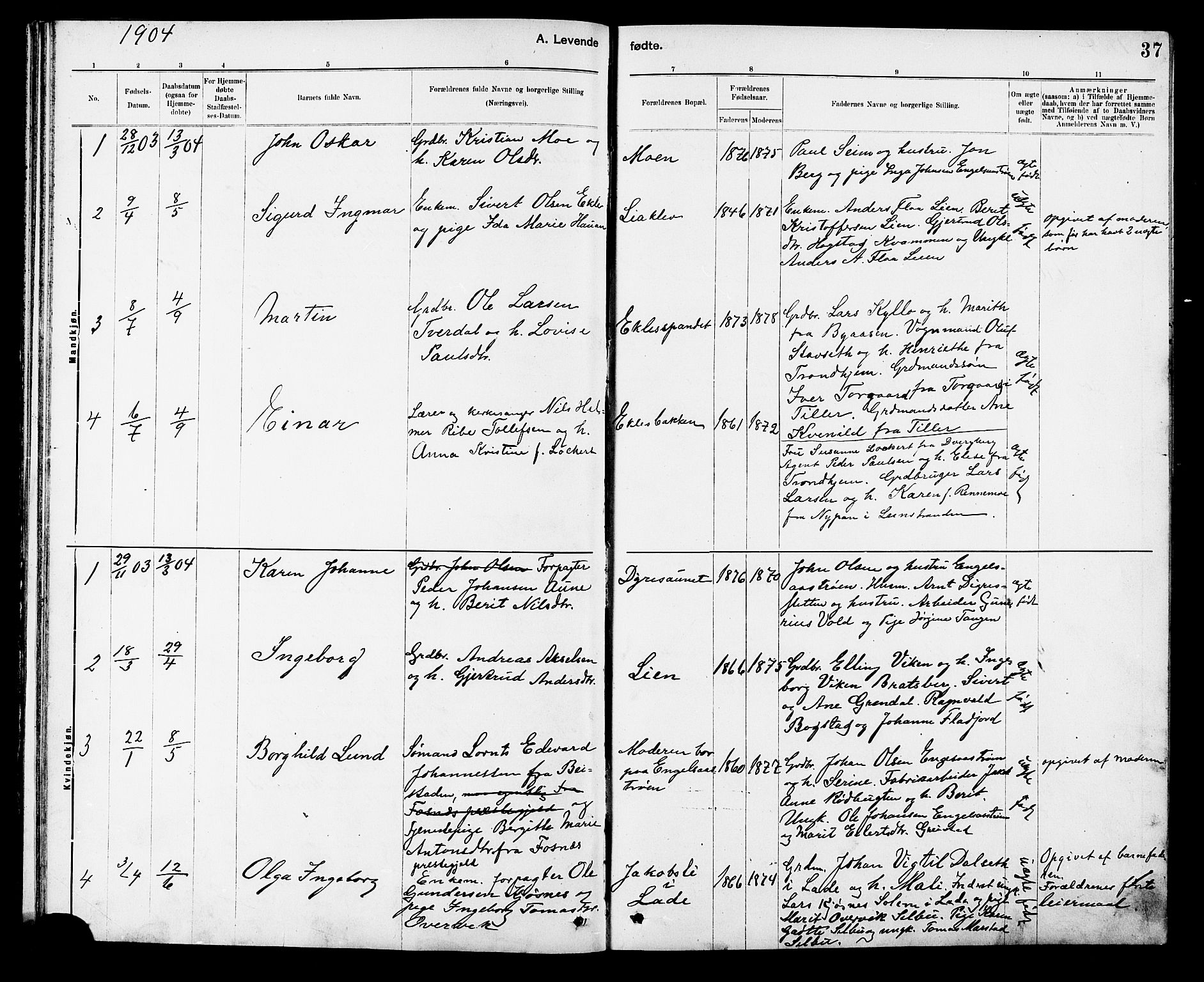 Ministerialprotokoller, klokkerbøker og fødselsregistre - Sør-Trøndelag, SAT/A-1456/608/L0341: Parish register (copy) no. 608C07, 1890-1912, p. 37