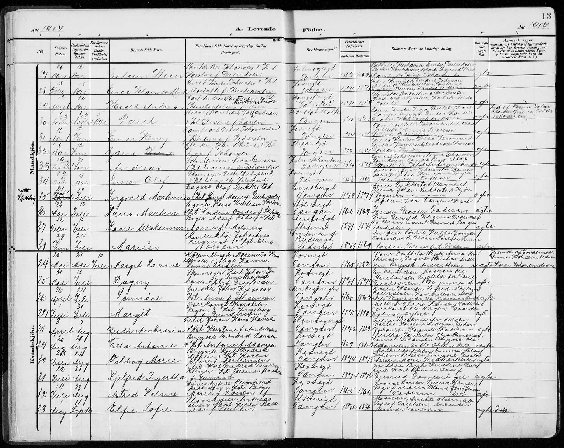 Strømsø kirkebøker, AV/SAKO-A-246/F/Fb/L0008: Parish register (official) no. II 8, 1902-1933, p. 13