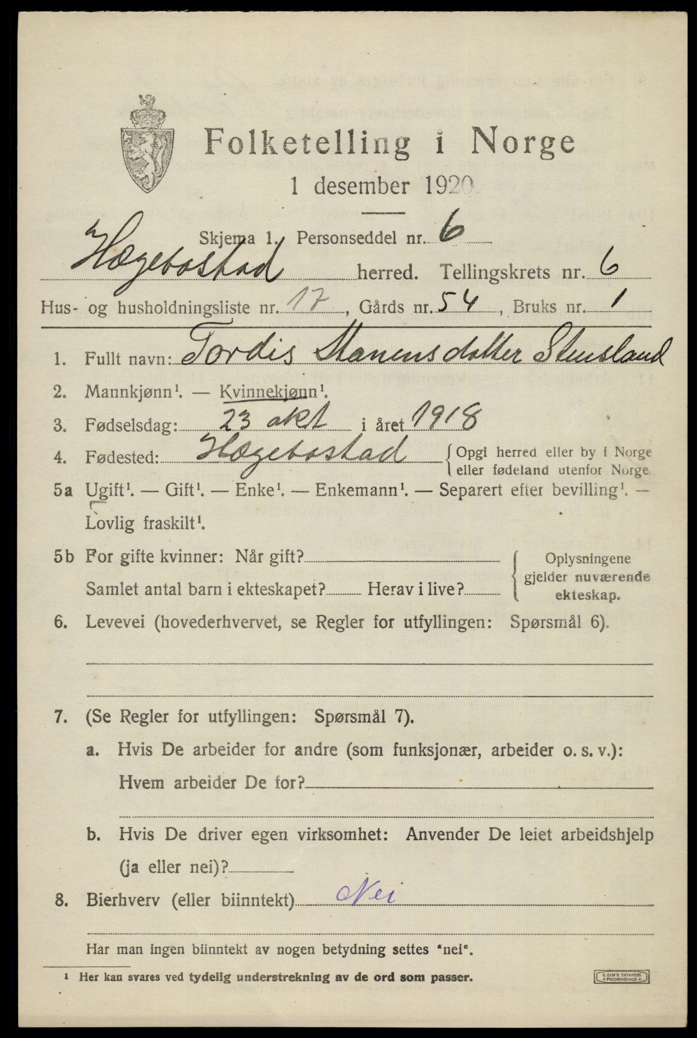 SAK, 1920 census for Hægebostad, 1920, p. 2097