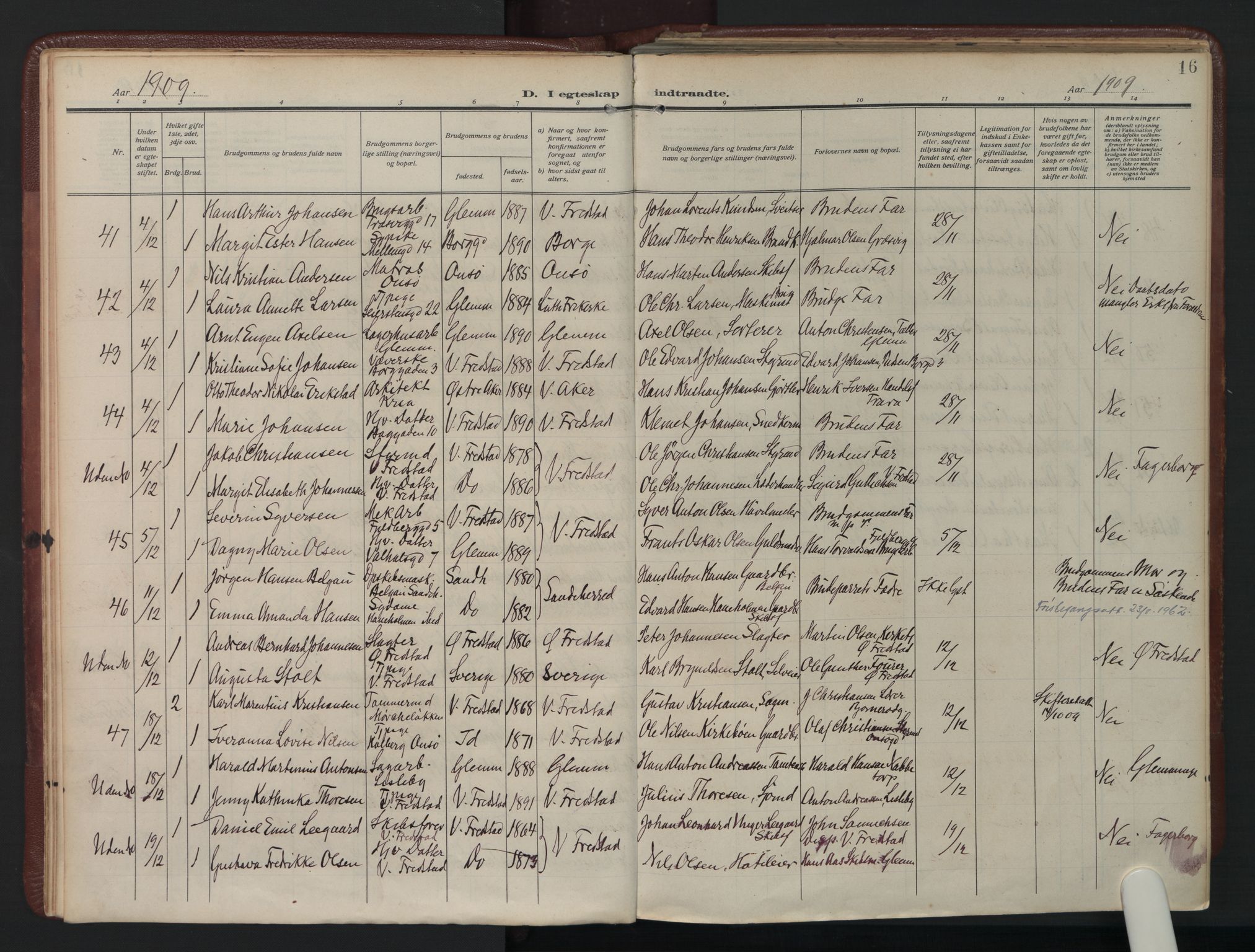 Fredrikstad domkirkes prestekontor Kirkebøker, AV/SAO-A-10906/F/Fa/L0009: Parish register (official) no. I 9, 1908-1946, p. 16