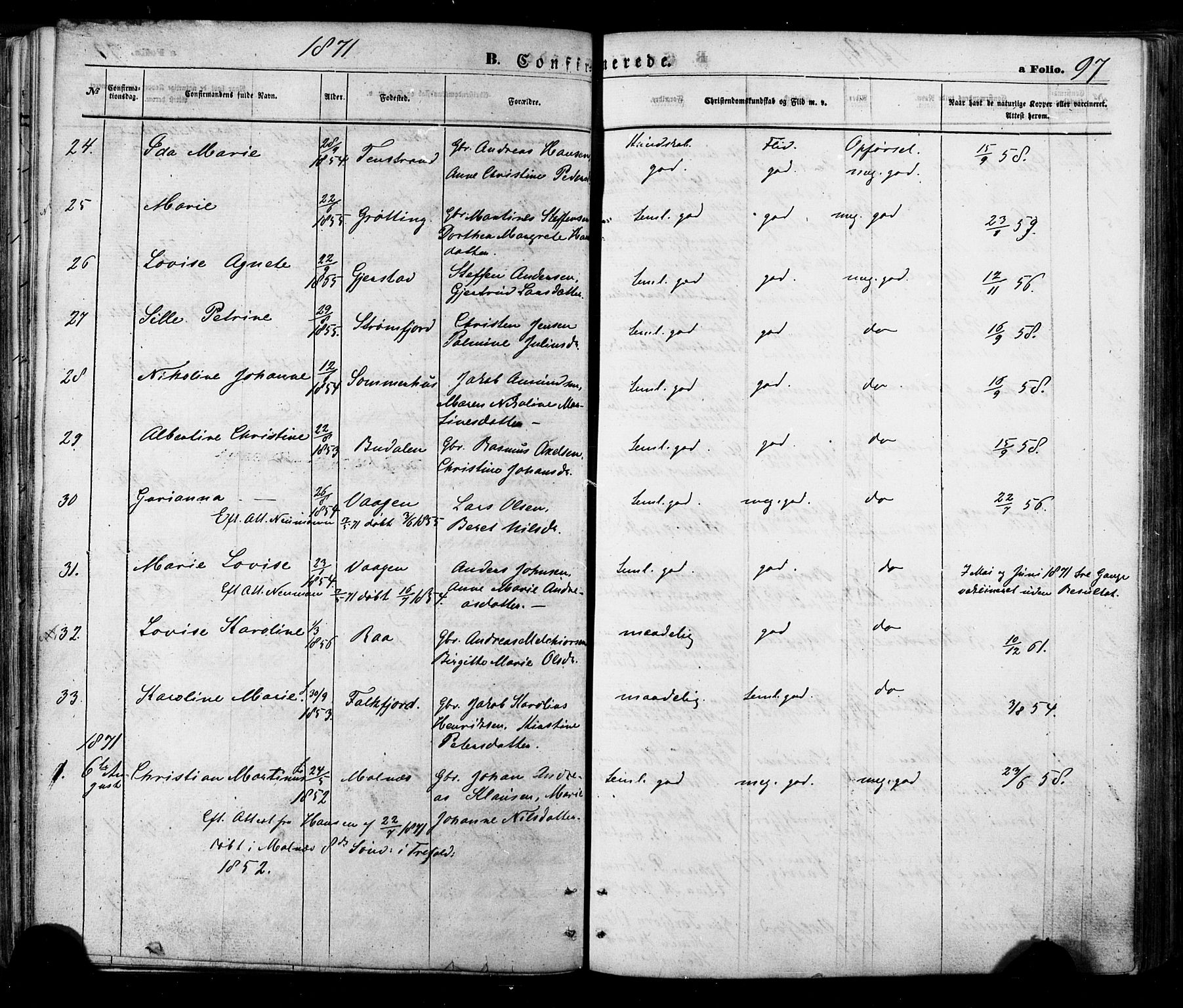 Ministerialprotokoller, klokkerbøker og fødselsregistre - Nordland, AV/SAT-A-1459/888/L1242: Parish register (official) no. 888A08, 1870-1875, p. 97