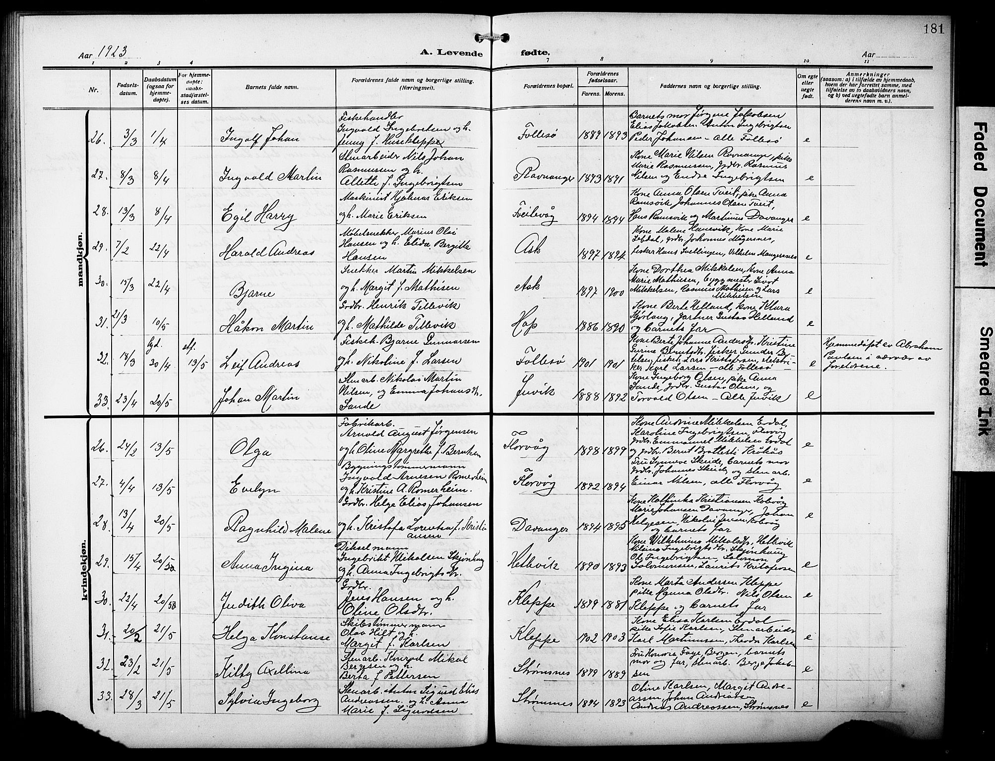 Askøy Sokneprestembete, AV/SAB-A-74101/H/Ha/Hab/Haba/L0011: Parish register (copy) no. A 11, 1908-1931, p. 181