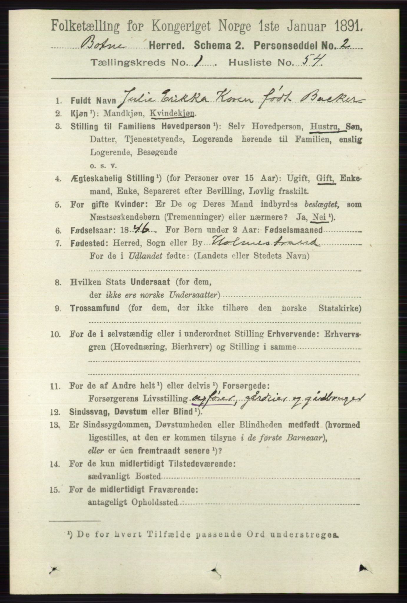 RA, 1891 census for 0715 Botne, 1891, p. 462