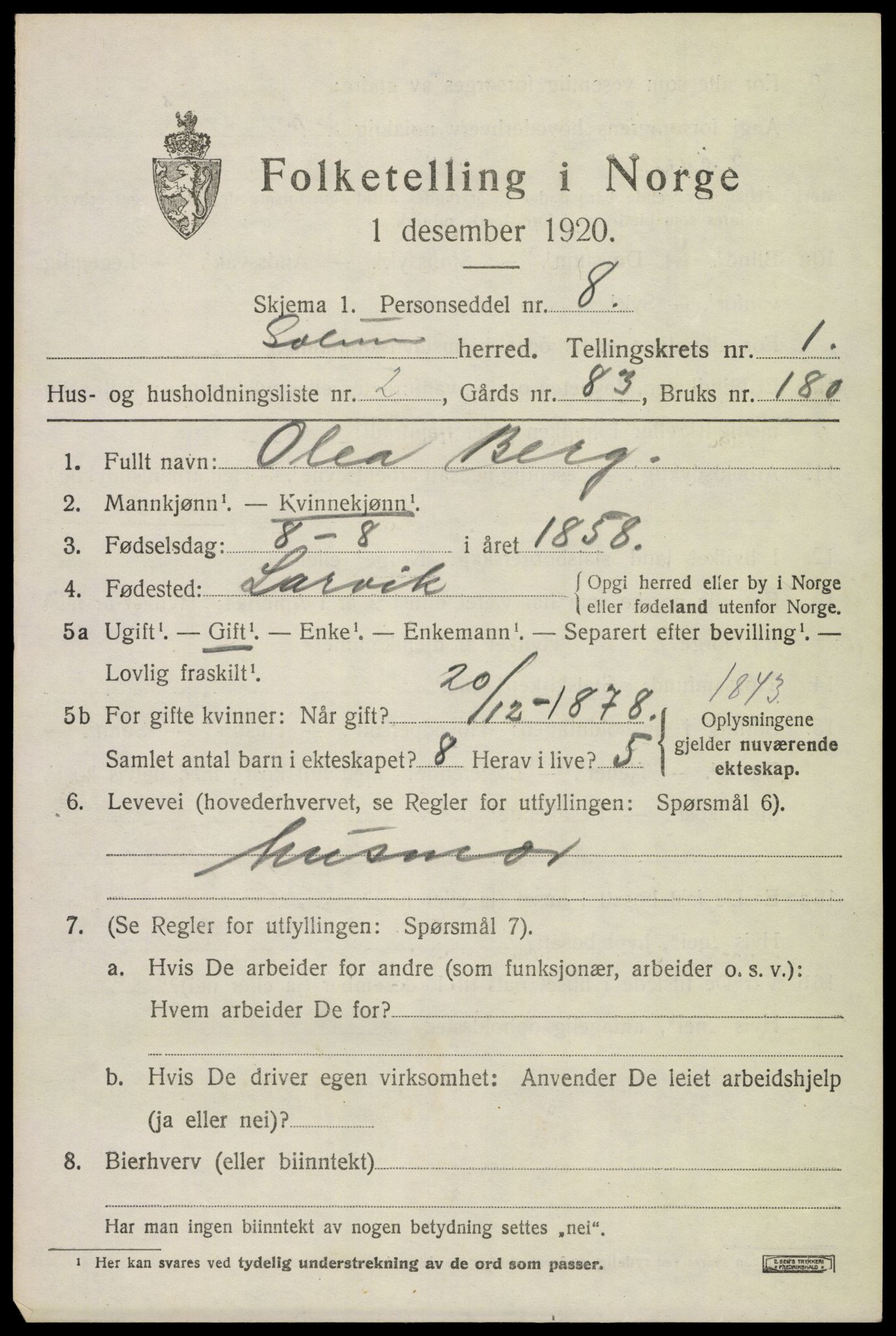 SAKO, 1920 census for Solum, 1920, p. 2270