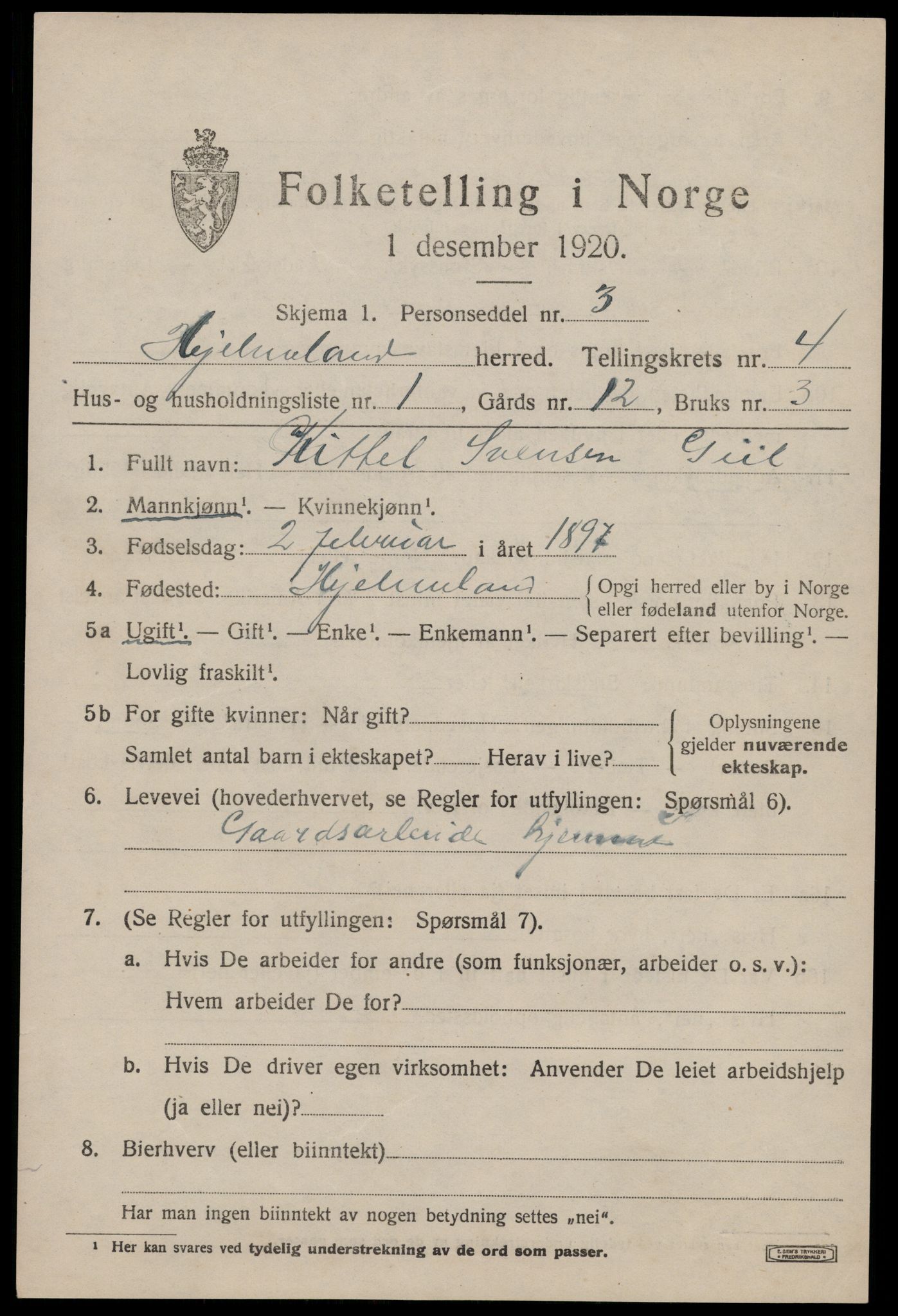 SAST, 1920 census for Hjelmeland, 1920, p. 1513