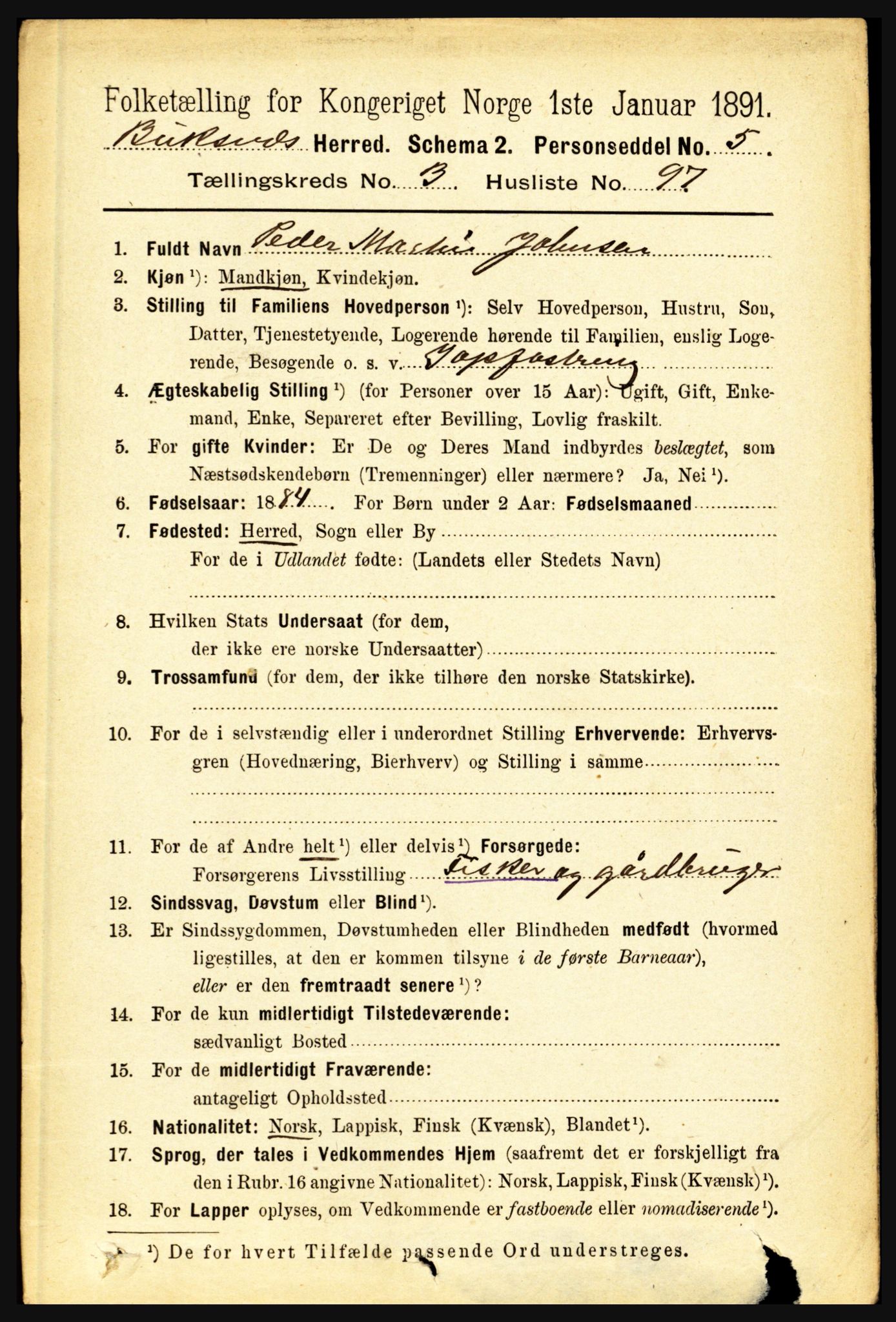 RA, 1891 census for 1860 Buksnes, 1891, p. 2898