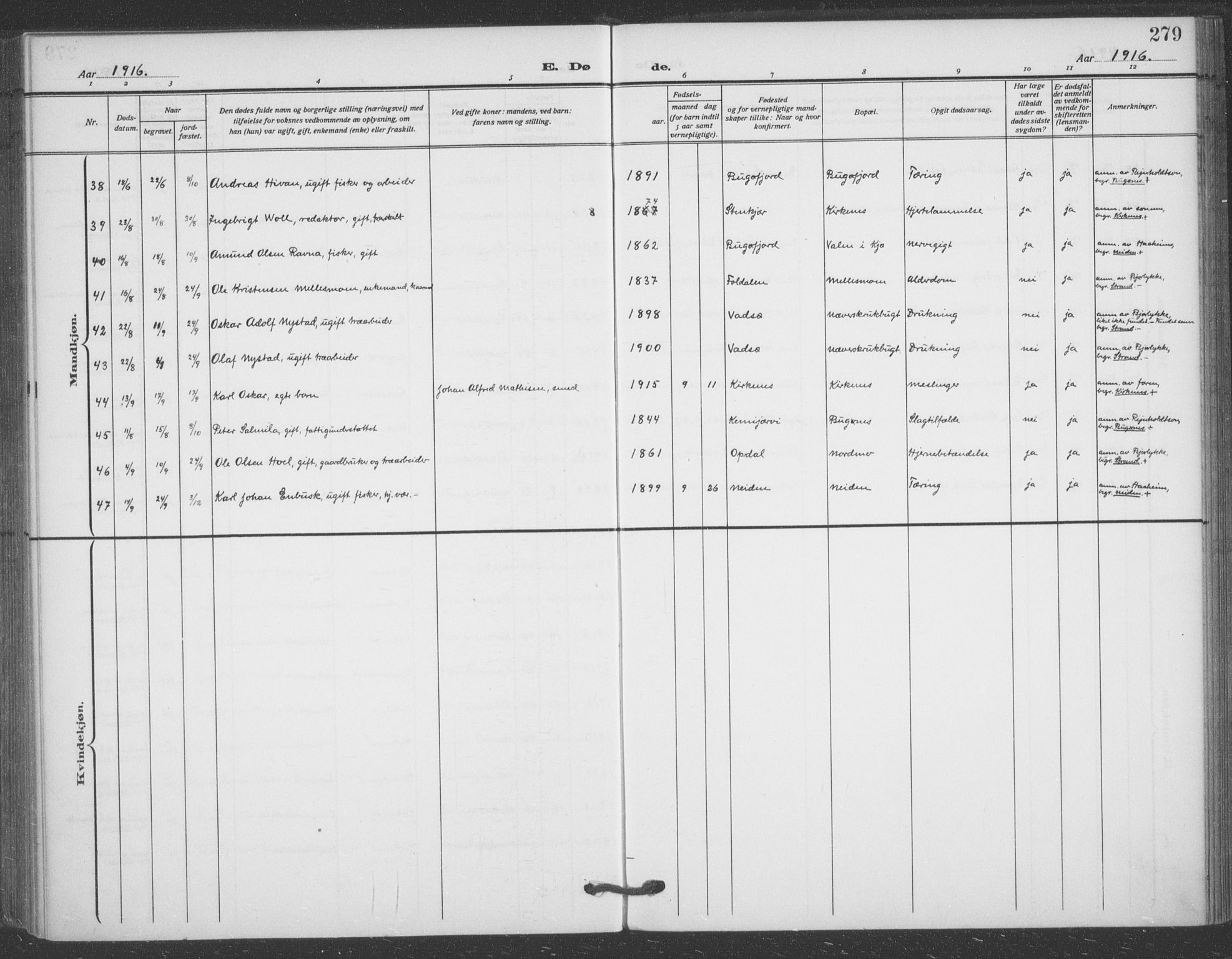 Sør-Varanger sokneprestkontor, AV/SATØ-S-1331/H/Ha/L0005kirke: Parish register (official) no. 5, 1909-1919, p. 279