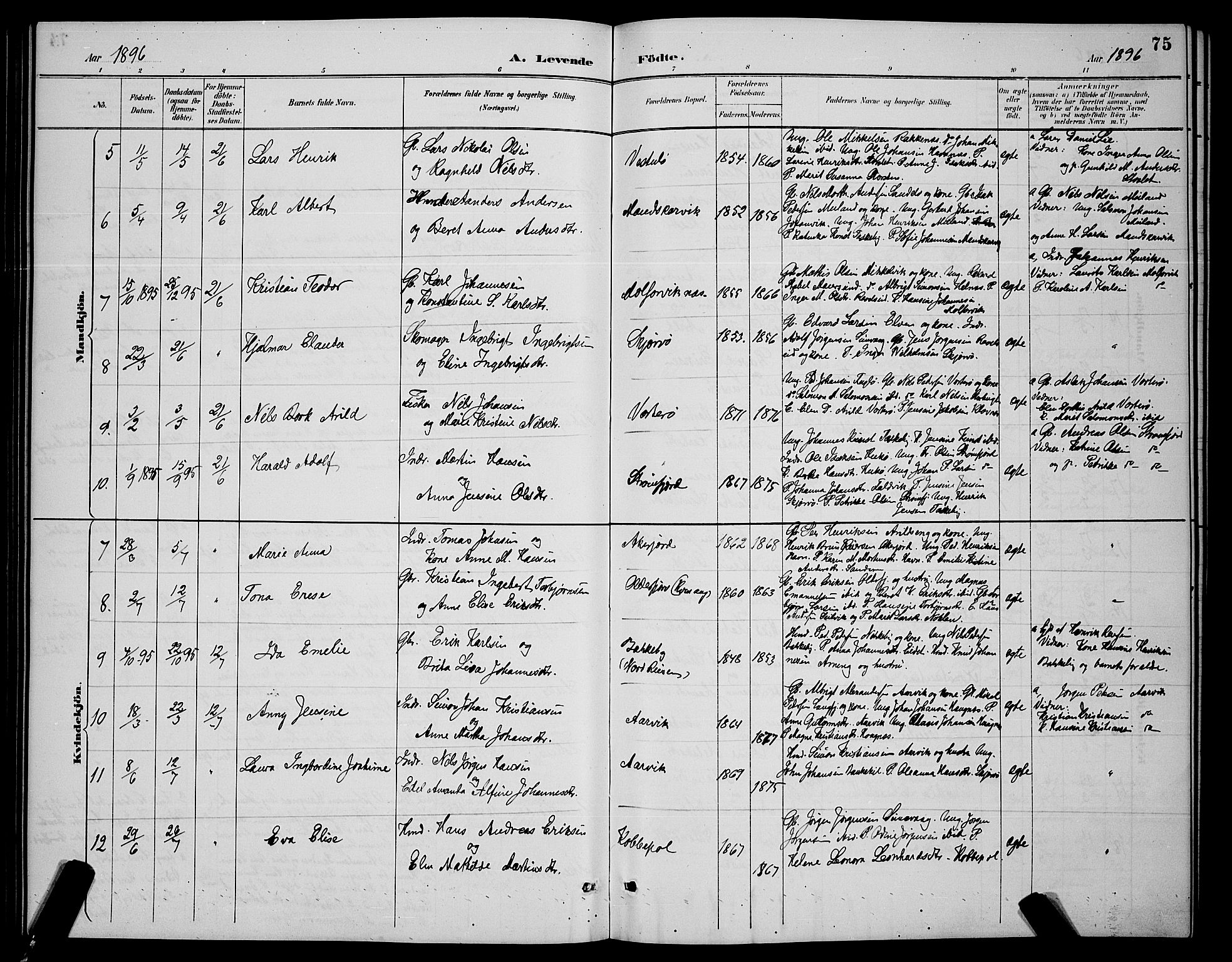 Skjervøy sokneprestkontor, AV/SATØ-S-1300/H/Ha/Hab/L0007klokker: Parish register (copy) no. 7, 1889-1899, p. 75