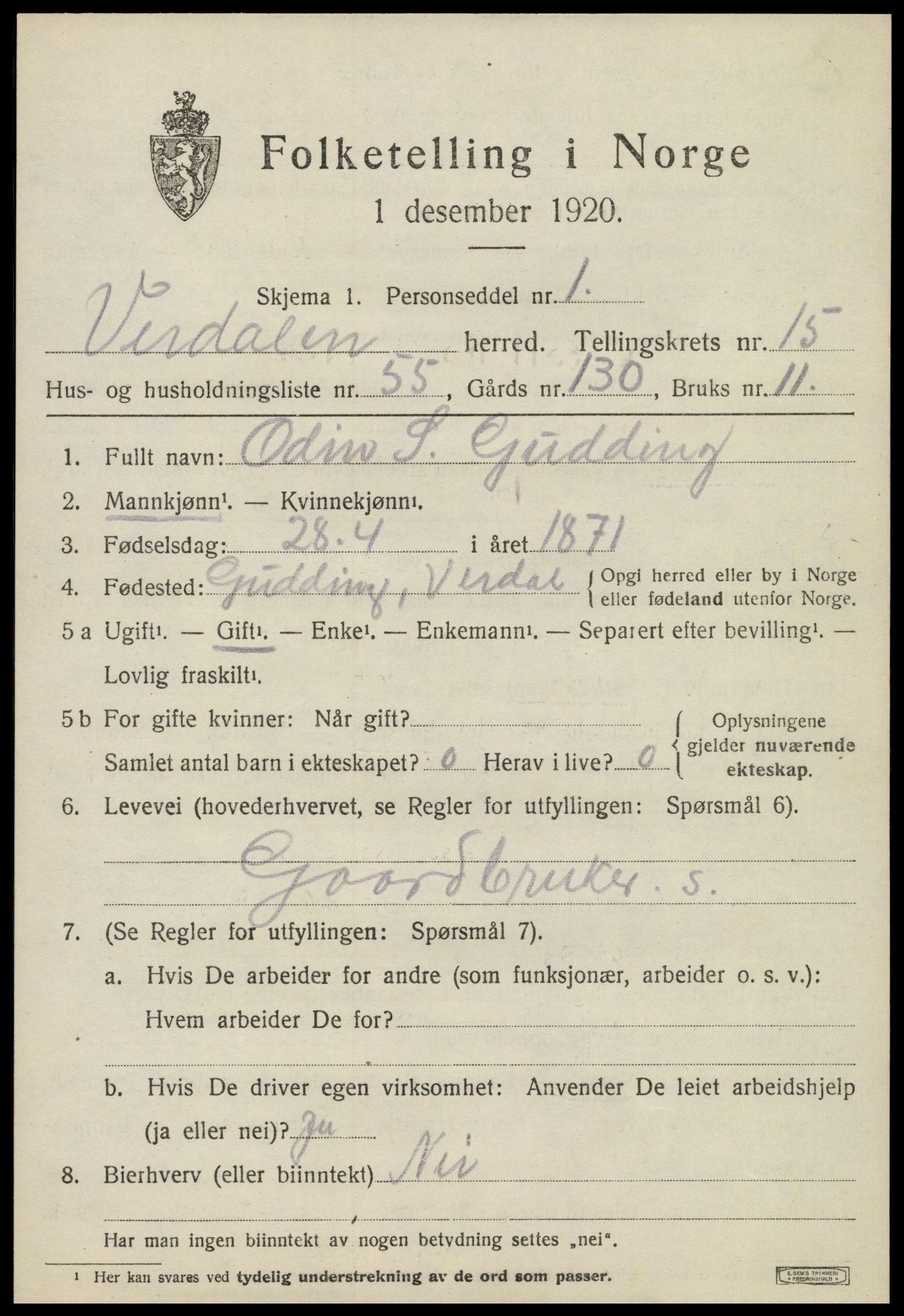 SAT, 1920 census for Verdal, 1920, p. 14827