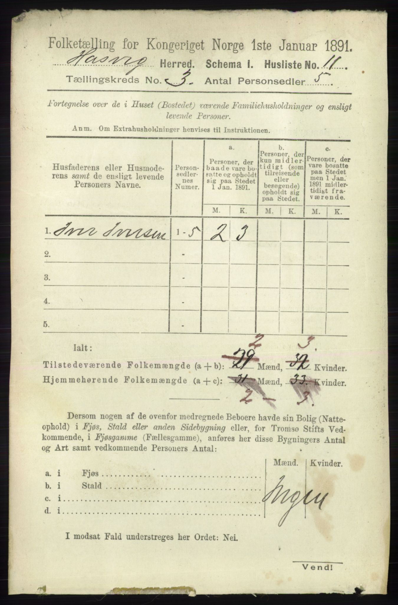 RA, 1891 census for 2015 Hasvik, 1891, p. 399