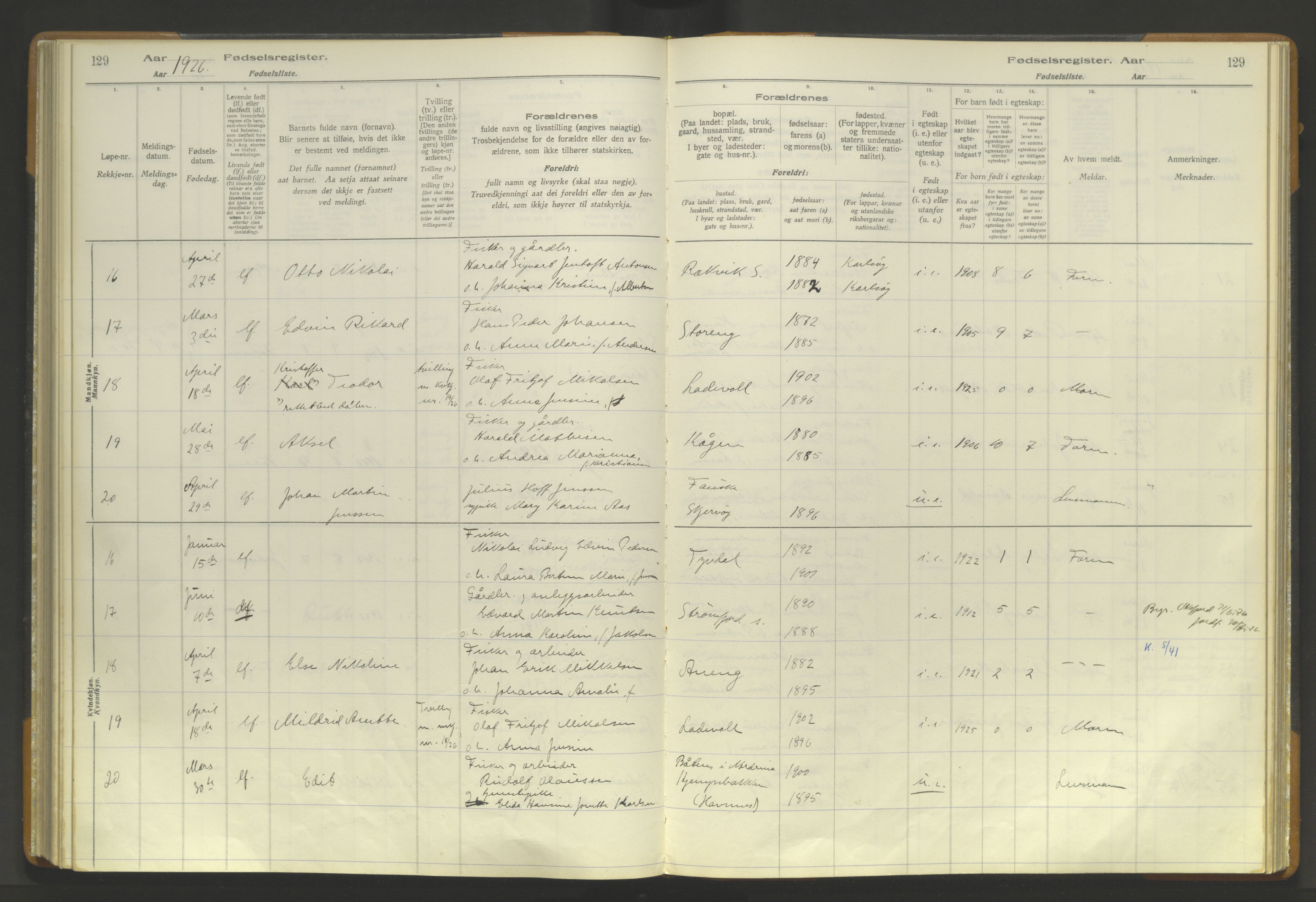 Skjervøy sokneprestkontor, AV/SATØ-S-1300/I/Ia/L0056: Birth register no. 56, 1916-1932, p. 129