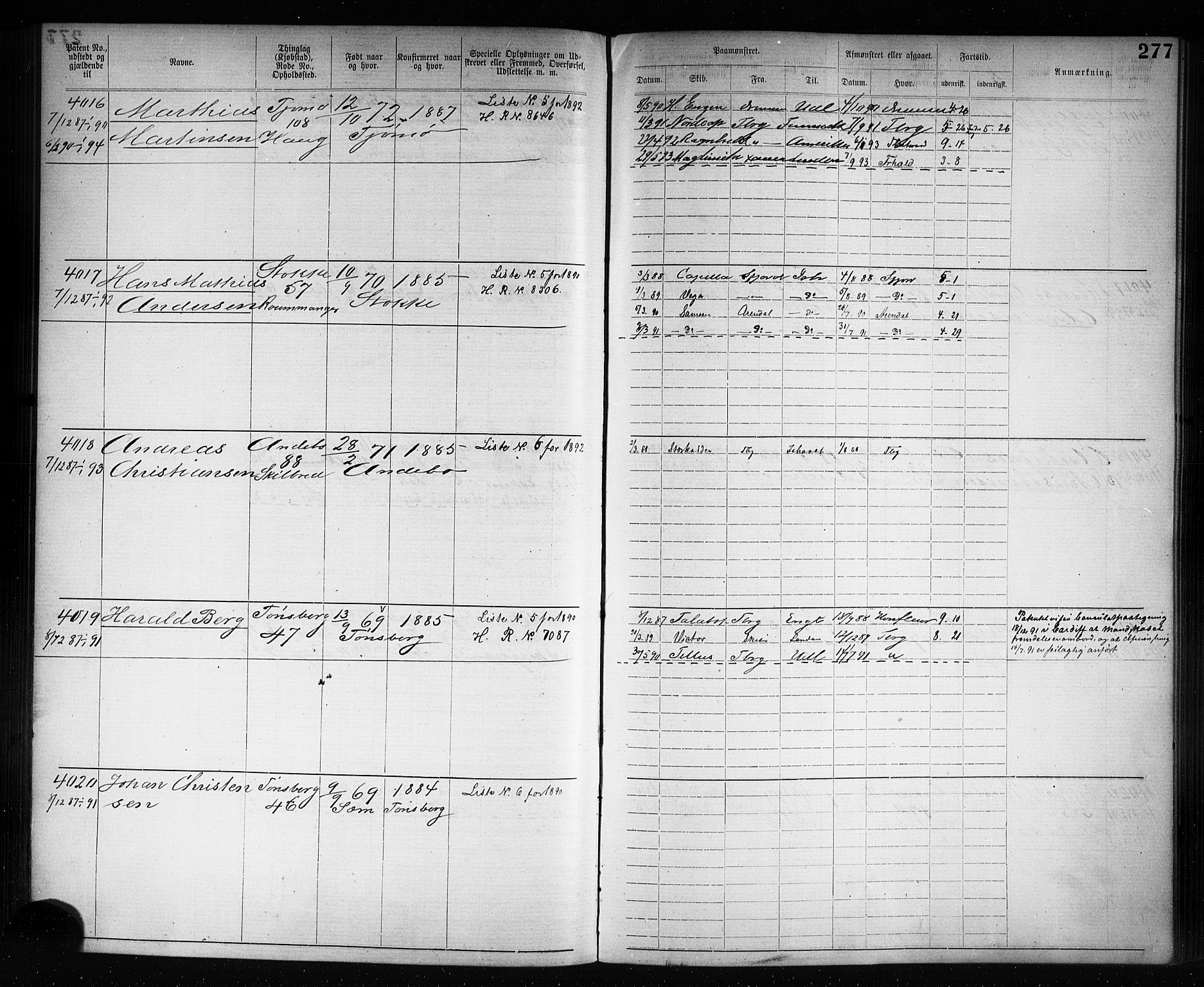 Tønsberg innrulleringskontor, AV/SAKO-A-786/F/Fb/L0007: Annotasjonsrulle Patent nr. 2636-5150, 1881-1892, p. 278