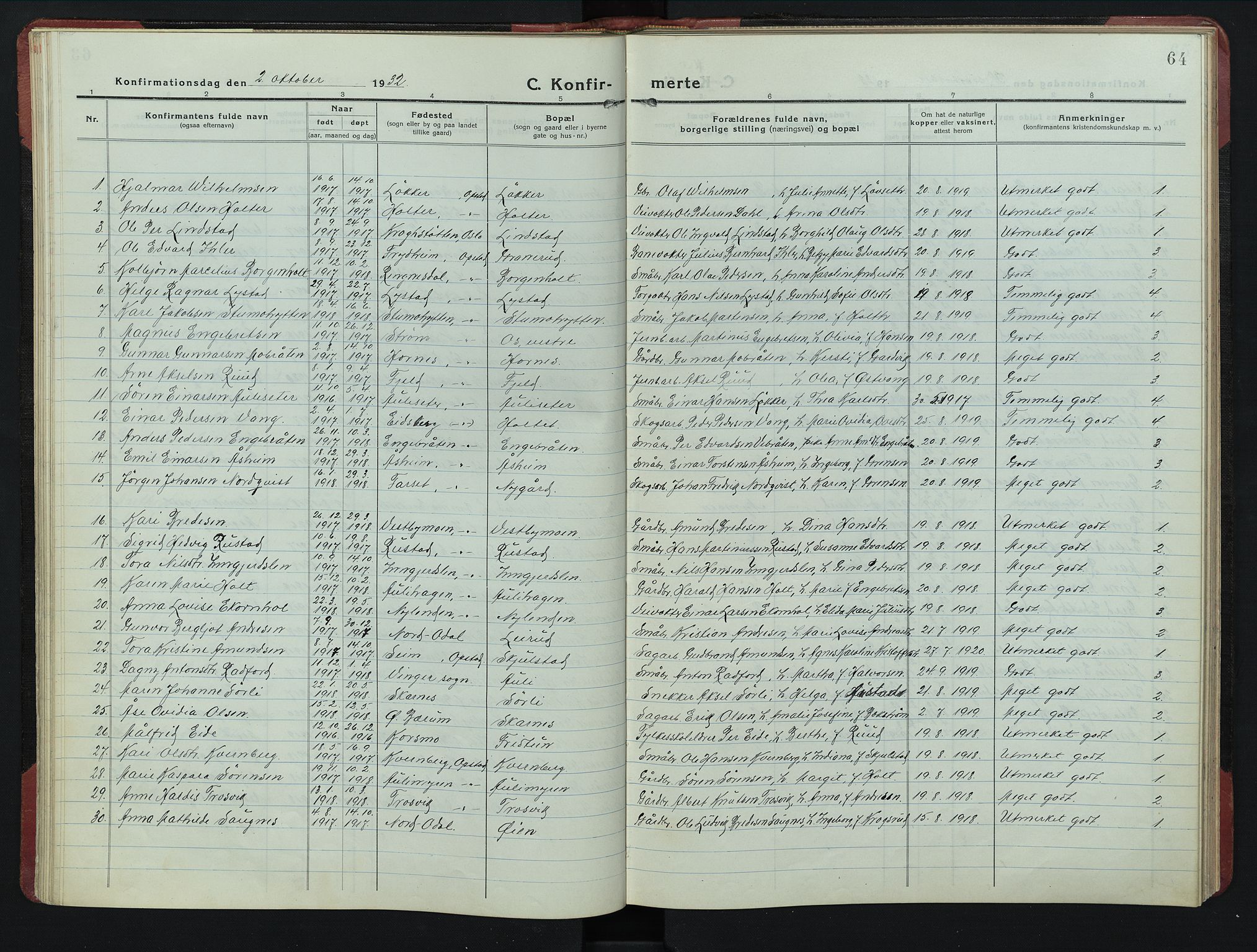 Sør-Odal prestekontor, AV/SAH-PREST-030/H/Ha/Hab/L0010: Parish register (copy) no. 10, 1920-1953, p. 64