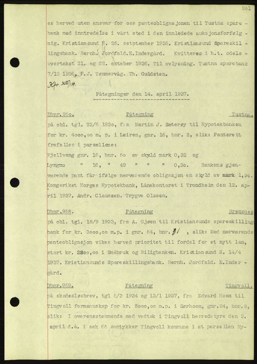 Nordmøre sorenskriveri, AV/SAT-A-4132/1/2/2Ca: Mortgage book no. C80, 1936-1939, Diary no: : 950/1937