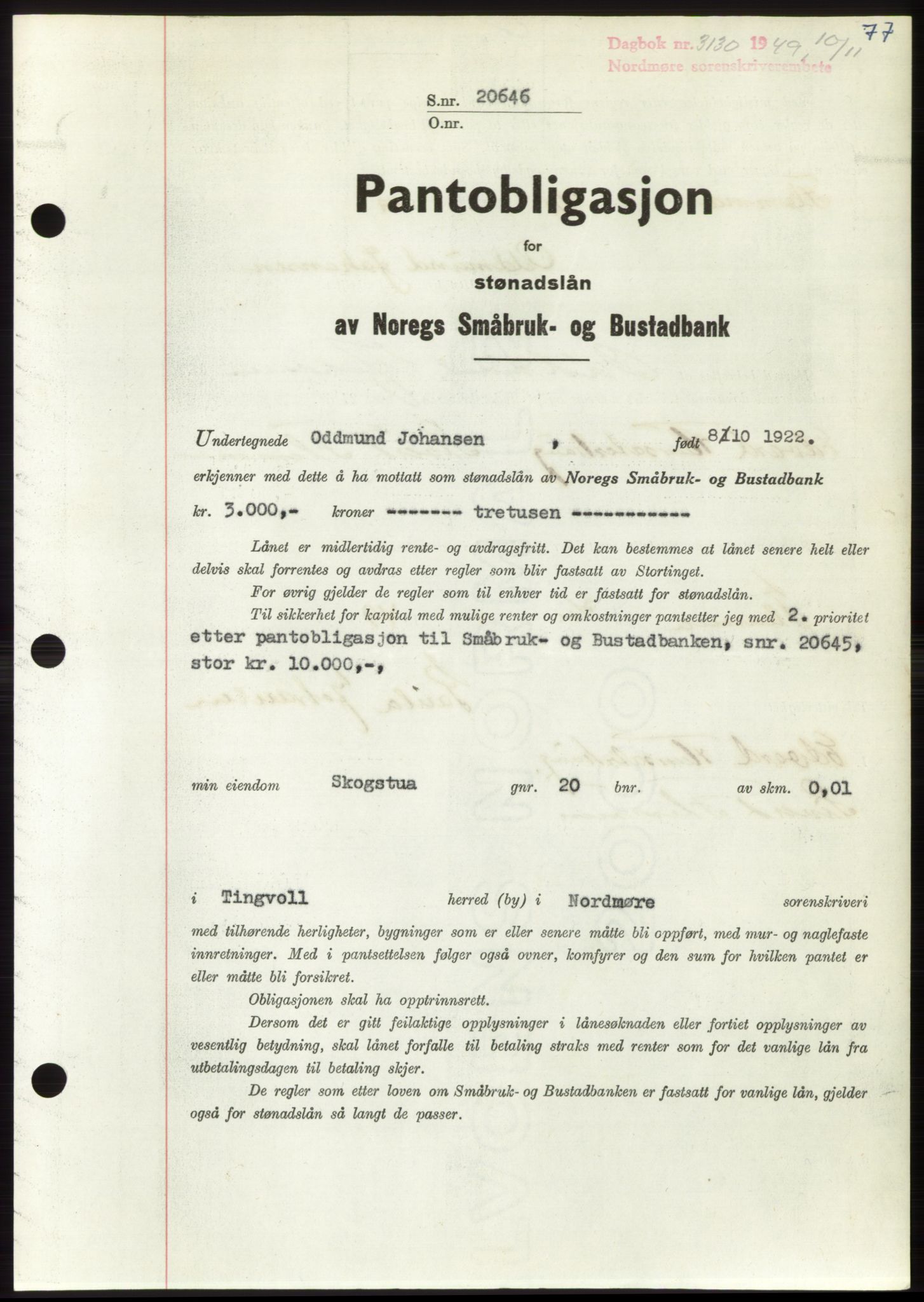 Nordmøre sorenskriveri, AV/SAT-A-4132/1/2/2Ca: Mortgage book no. B103, 1949-1950, Diary no: : 3130/1949