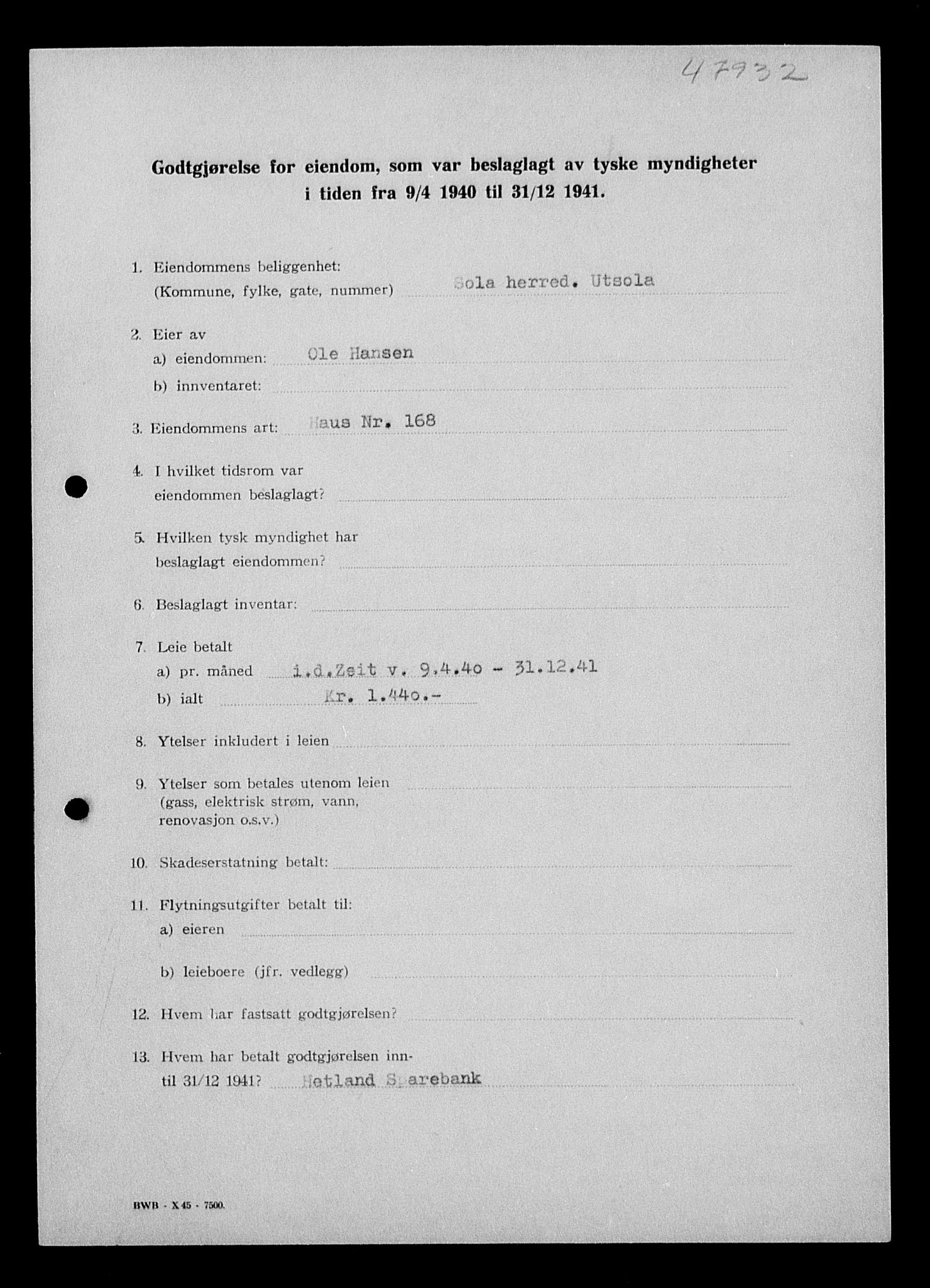 Justisdepartementet, Tilbakeføringskontoret for inndratte formuer, AV/RA-S-1564/I/L1014: Godtgjørelse for beslaglagt eiendom, 1940-1941, p. 307