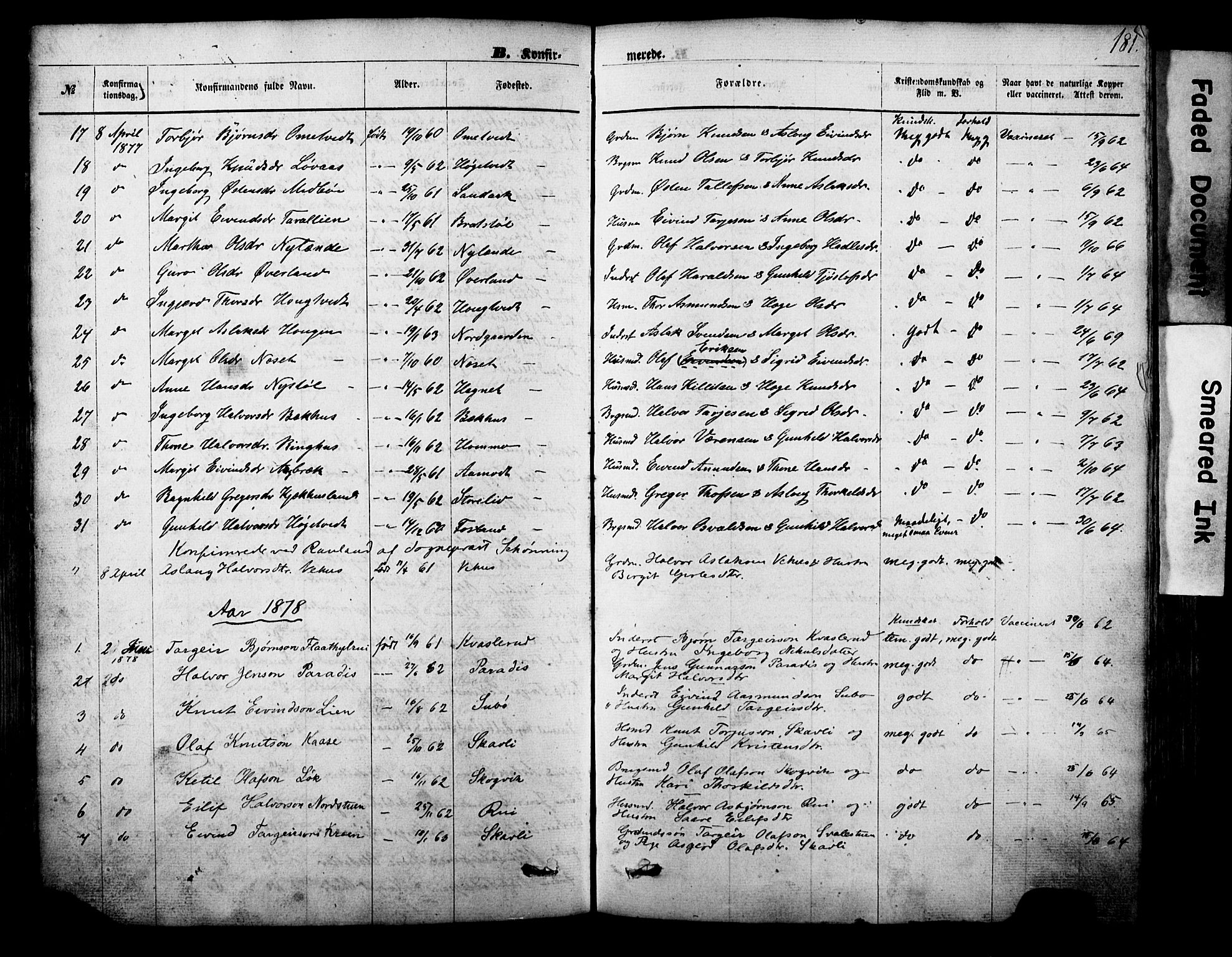 Vinje kirkebøker, SAKO/A-312/F/Fa/L0005: Parish register (official) no. I 5, 1870-1886, p. 181