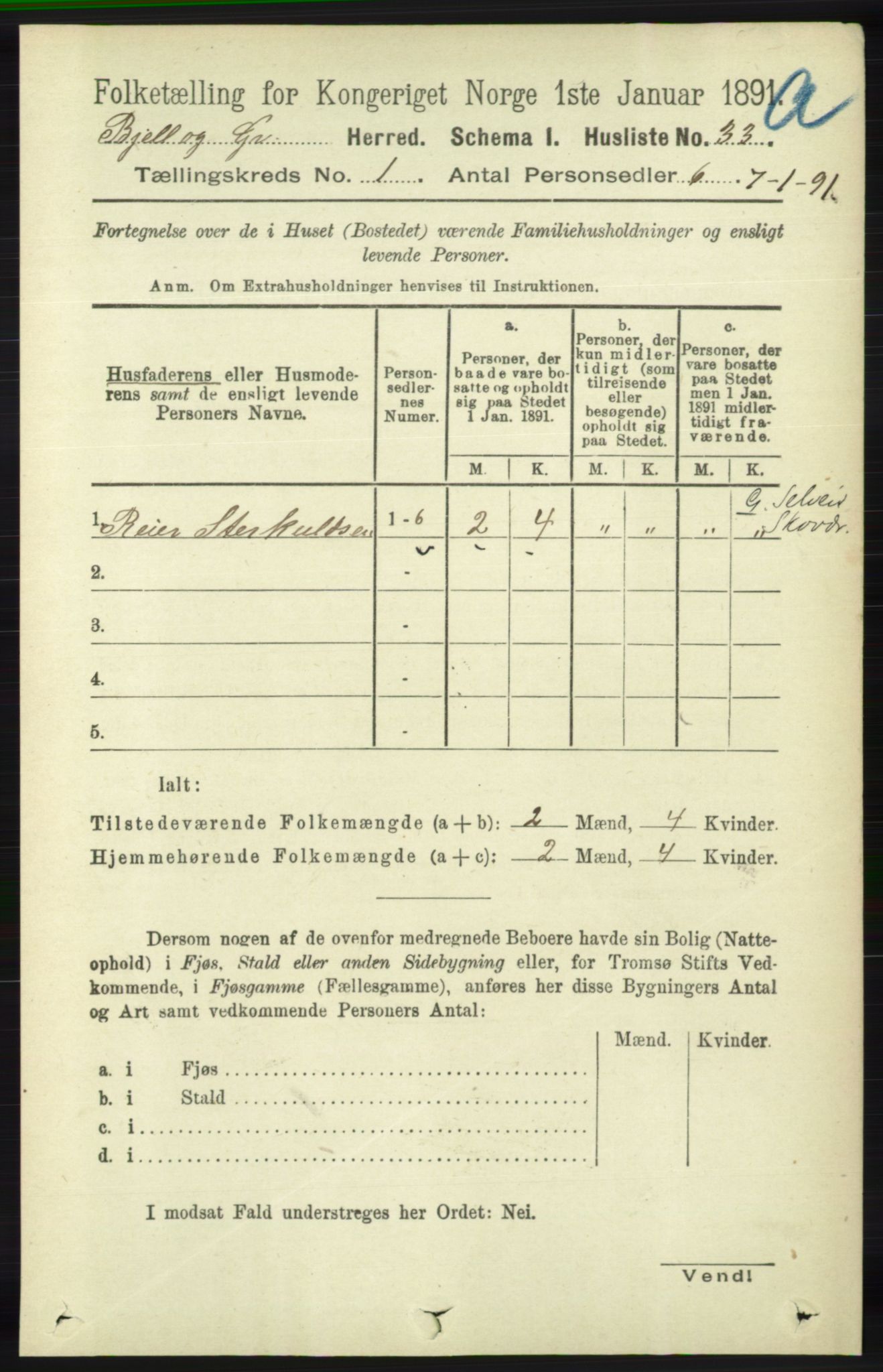 RA, 1891 census for 1024 Bjelland og Grindheim, 1891, p. 56