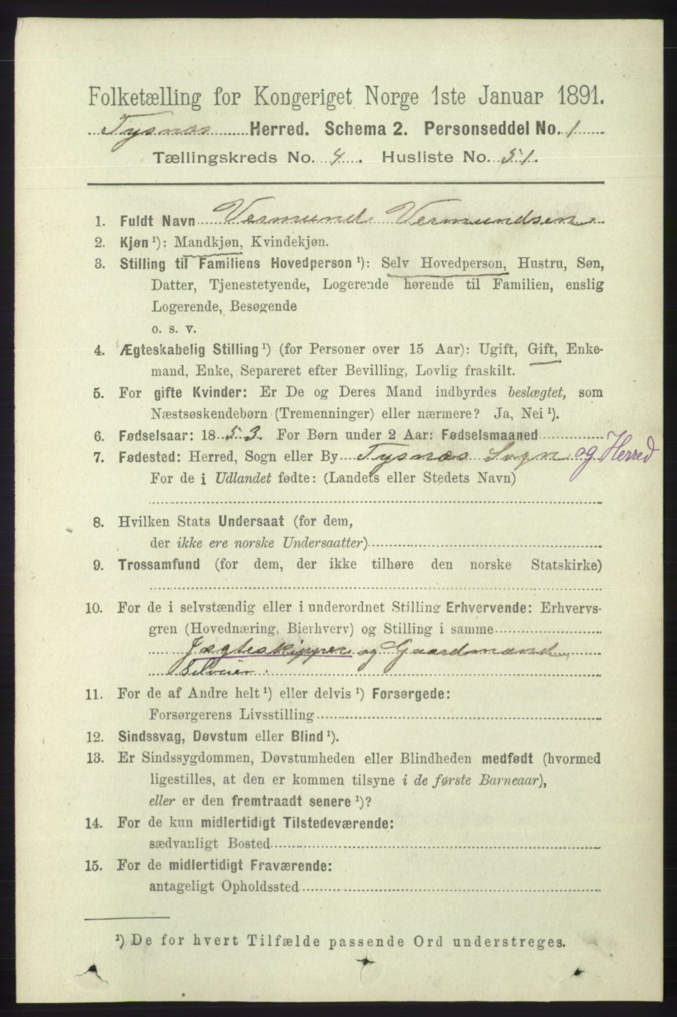 RA, 1891 census for 1223 Tysnes, 1891, p. 1827