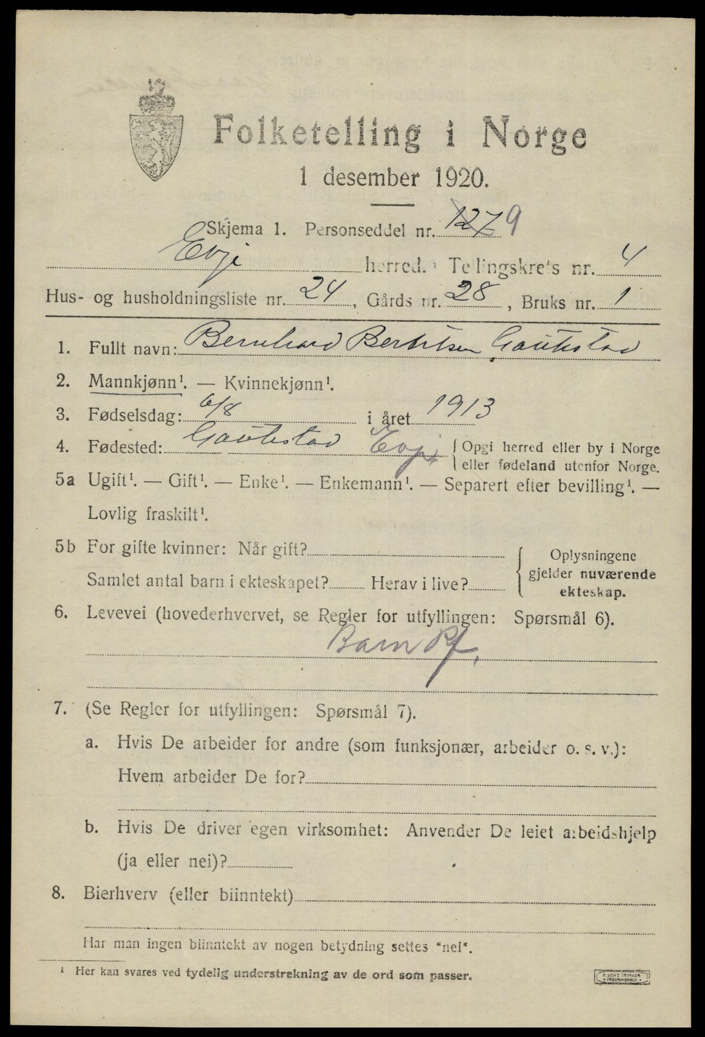 SAK, 1920 census for Evje, 1920, p. 1564