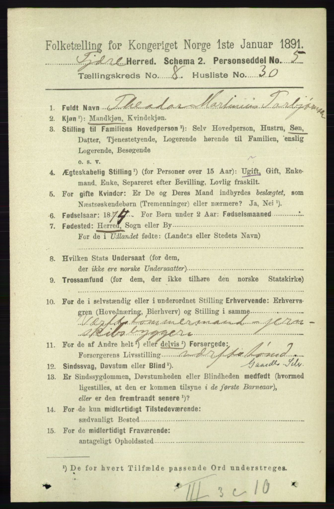 RA, 1891 census for 0923 Fjære, 1891, p. 3907