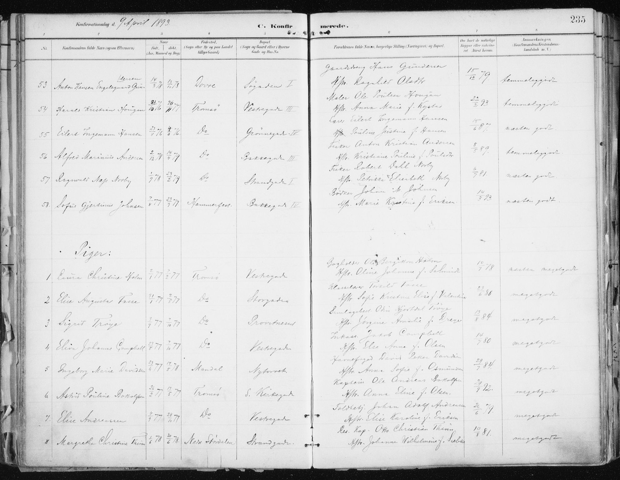 Tromsø sokneprestkontor/stiftsprosti/domprosti, AV/SATØ-S-1343/G/Ga/L0015kirke: Parish register (official) no. 15, 1889-1899, p. 235