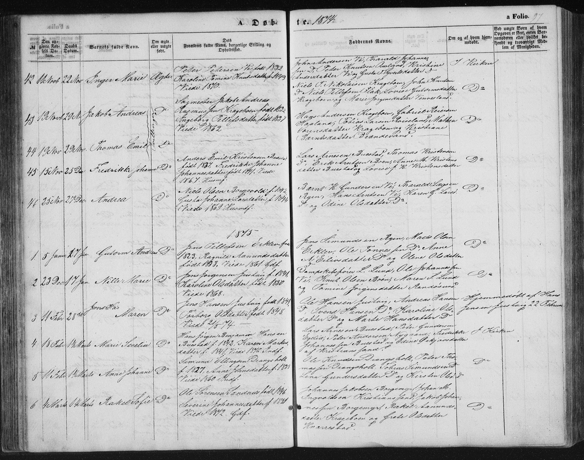 Tveit sokneprestkontor, AV/SAK-1111-0043/F/Fb/L0003: Parish register (copy) no. B 3, 1854-1886, p. 97