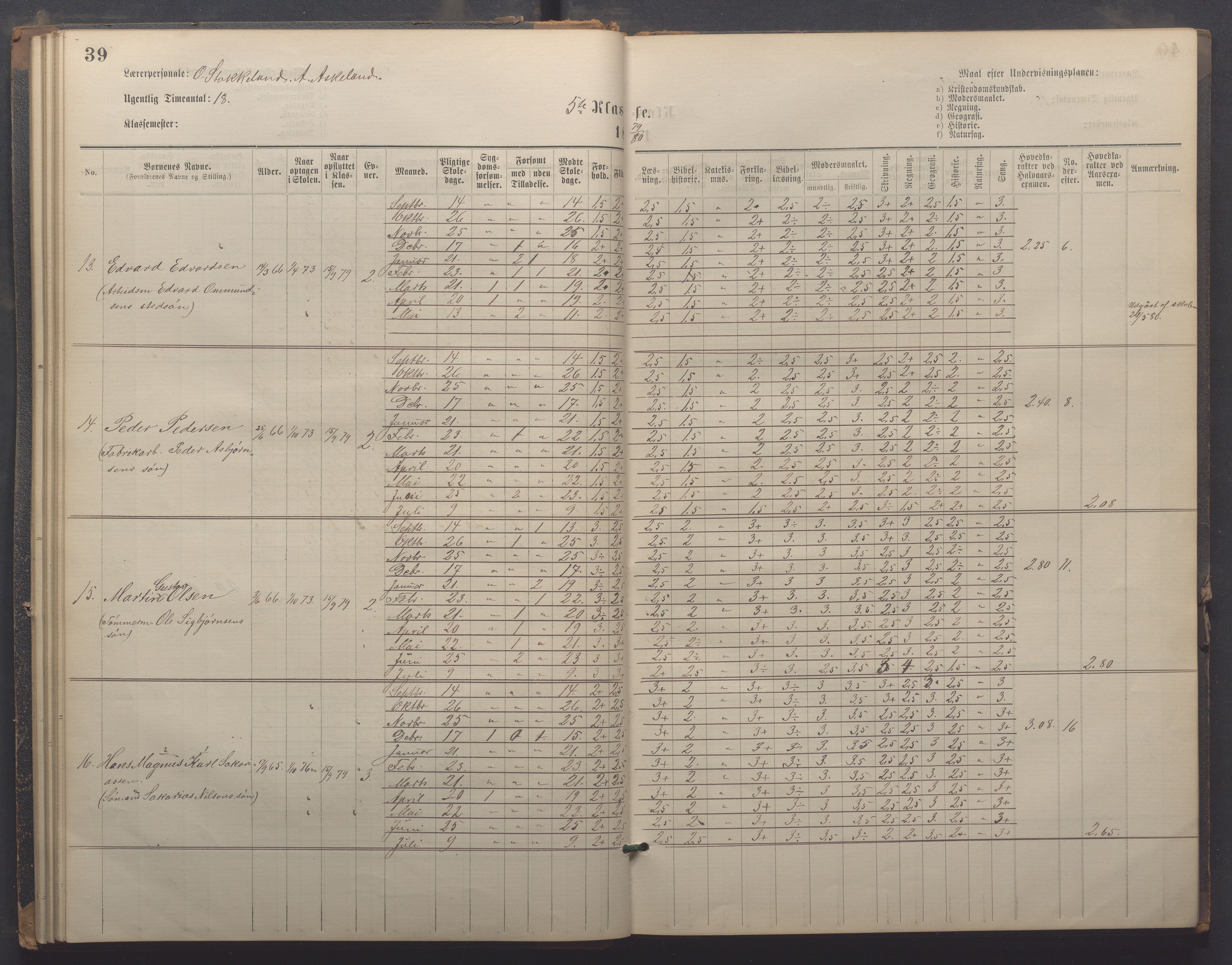 Egersund kommune (Ladested) - Egersund almueskole/folkeskole, IKAR/K-100521/H/L0021: Skoleprotokoll - Almueskolen, 7. klasse, 1878-1886, p. 39