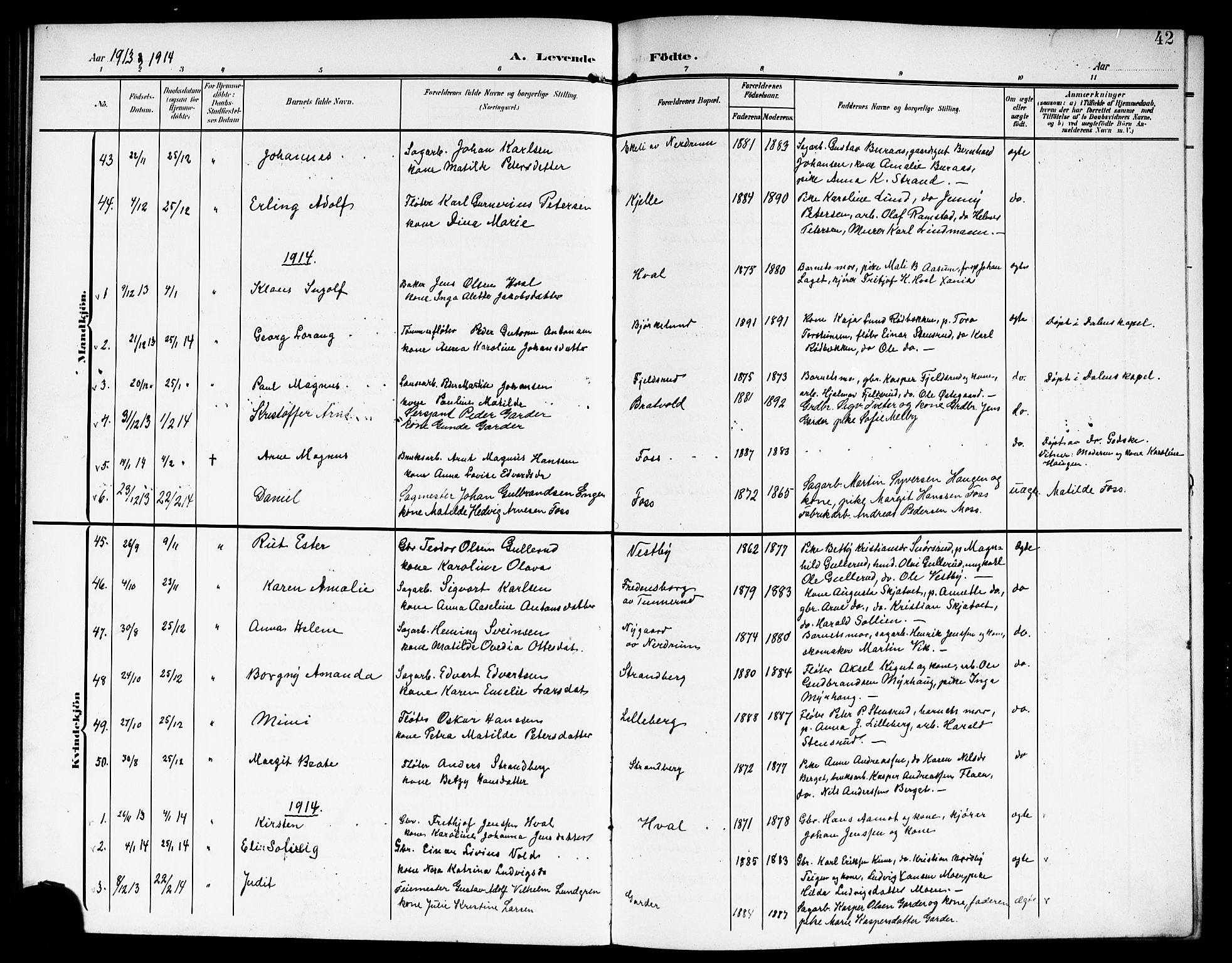 Fet prestekontor Kirkebøker, SAO/A-10370a/G/Ga/L0008: Parish register (copy) no. I 8, 1907-1920, p. 42