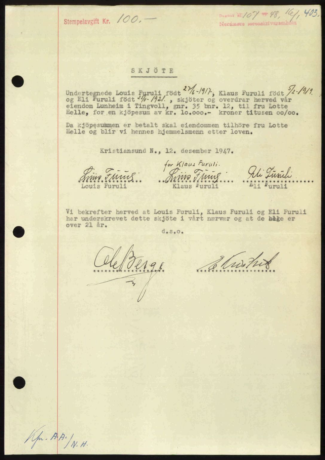 Nordmøre sorenskriveri, AV/SAT-A-4132/1/2/2Ca: Mortgage book no. A107, 1947-1948, Diary no: : 107/1948