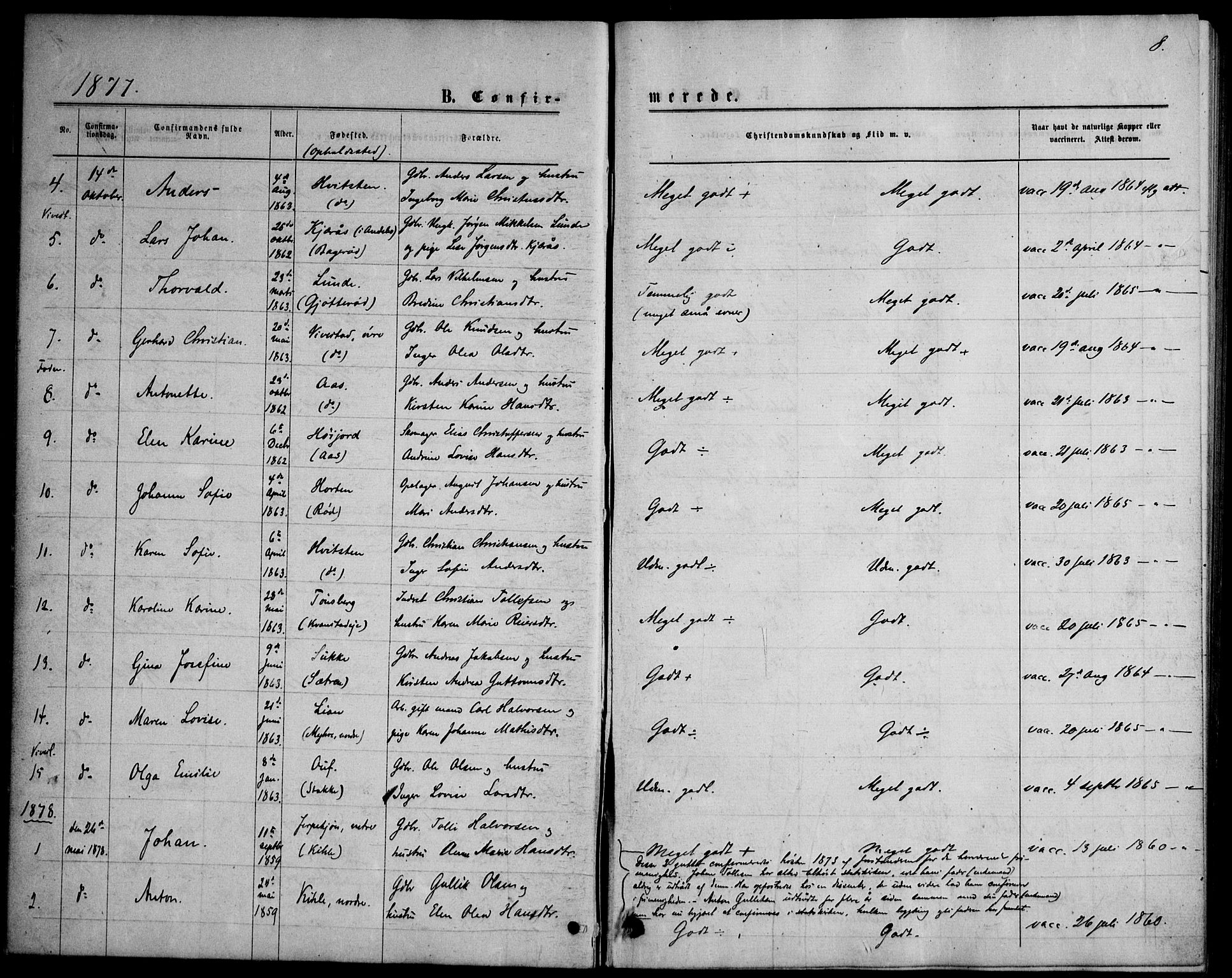 Ramnes kirkebøker, SAKO/A-314/F/Fd/L0002: Curate's parish register no. IV 2, 1872-1886, p. 8
