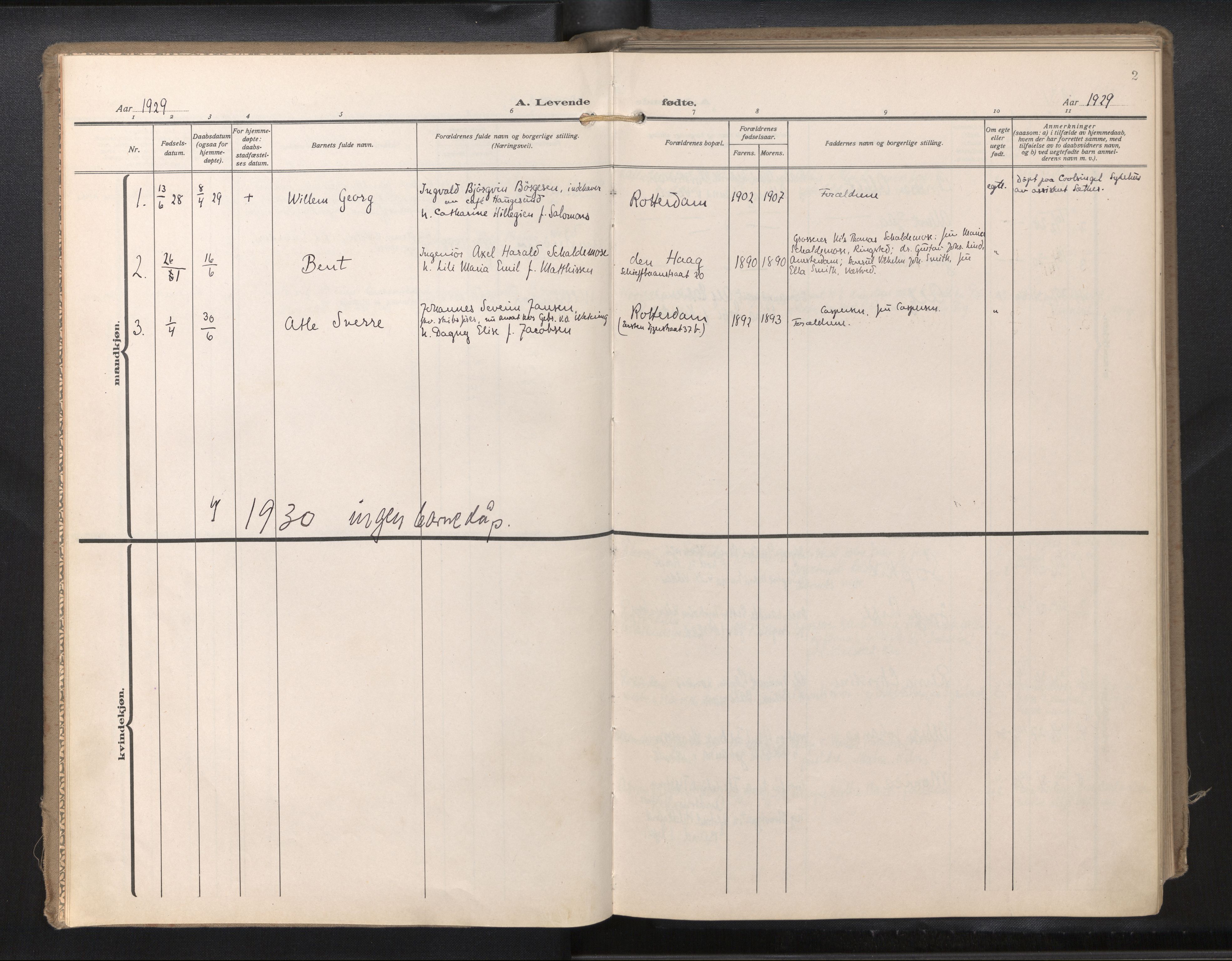 Den norske sjømannsmisjon i utlandet/Hollandske havner (Amsterdam-Rotterdam-Europort), SAB/SAB/PA-0106/H/Ha/Haa/L0004: Parish register (official) no. A 1, 1928-1956, p. 1b-2a