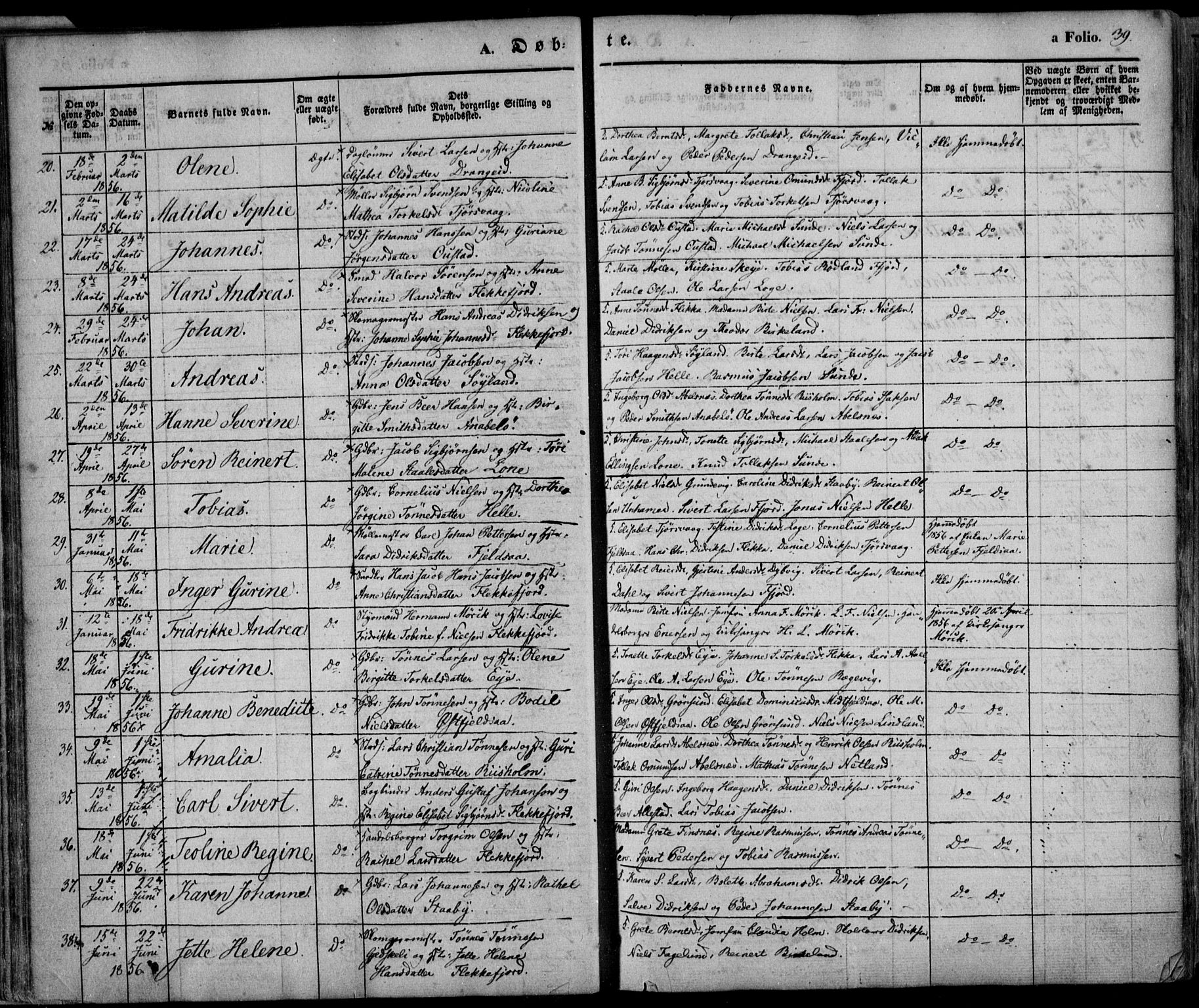 Flekkefjord sokneprestkontor, AV/SAK-1111-0012/F/Fa/Fac/L0005: Parish register (official) no. A 5, 1849-1875, p. 39