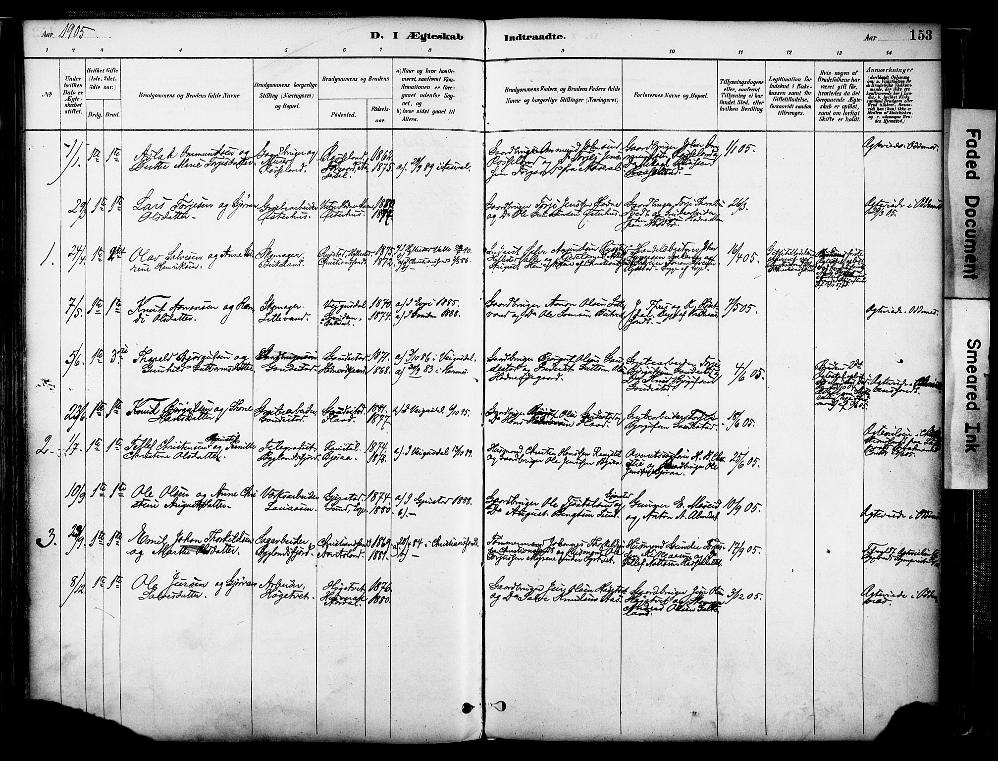 Evje sokneprestkontor, AV/SAK-1111-0008/F/Fa/Faa/L0007: Parish register (official) no. A 7, 1884-1909, p. 153