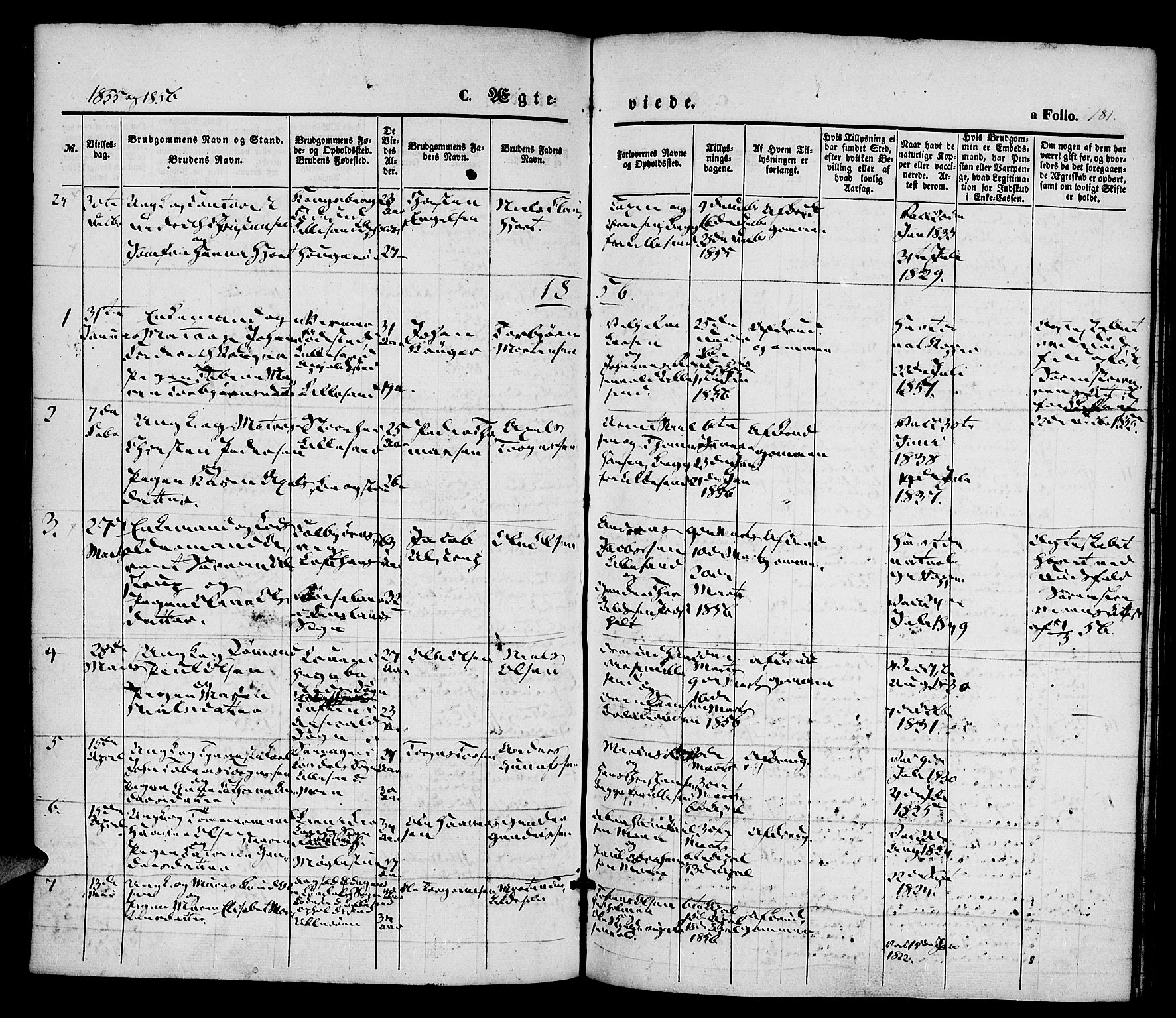 Vestre Moland sokneprestkontor, SAK/1111-0046/F/Fa/Fab/L0006: Parish register (official) no. A 6, 1850-1858, p. 181
