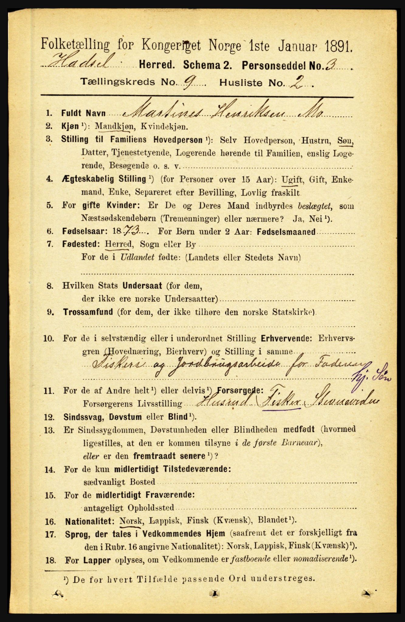 RA, 1891 census for 1866 Hadsel, 1891, p. 3922