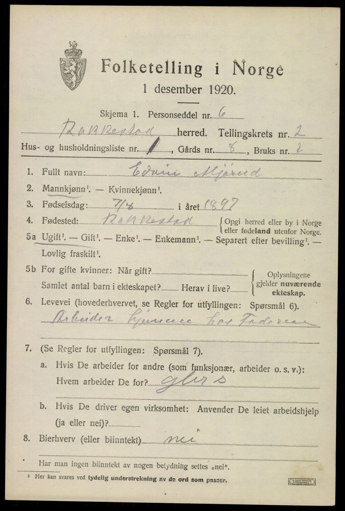 SAO, 1920 census for Rakkestad, 1920, p. 3385