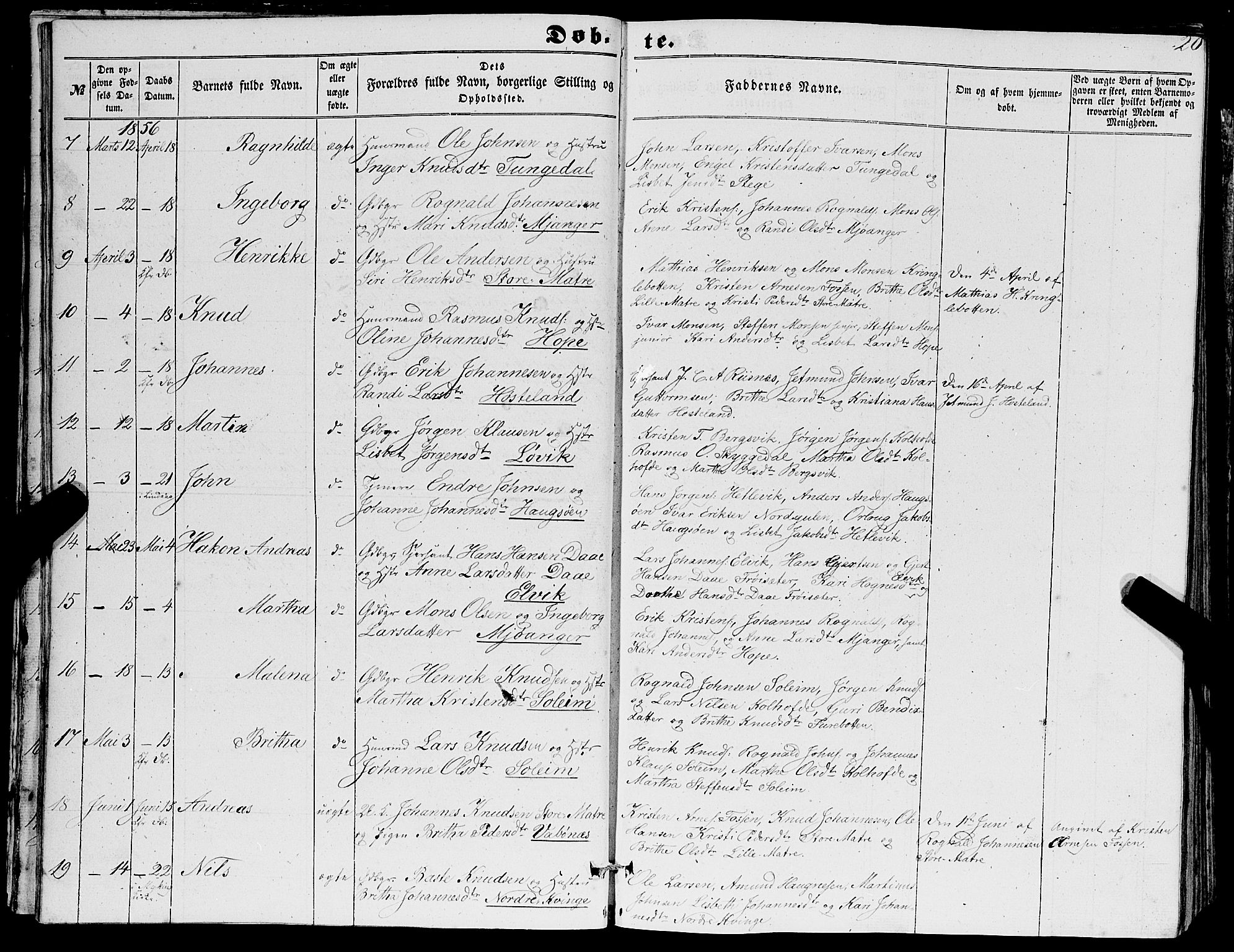 Masfjorden Sokneprestembete, AV/SAB-A-77001: Parish register (copy) no. A 1, 1851-1875, p. 20