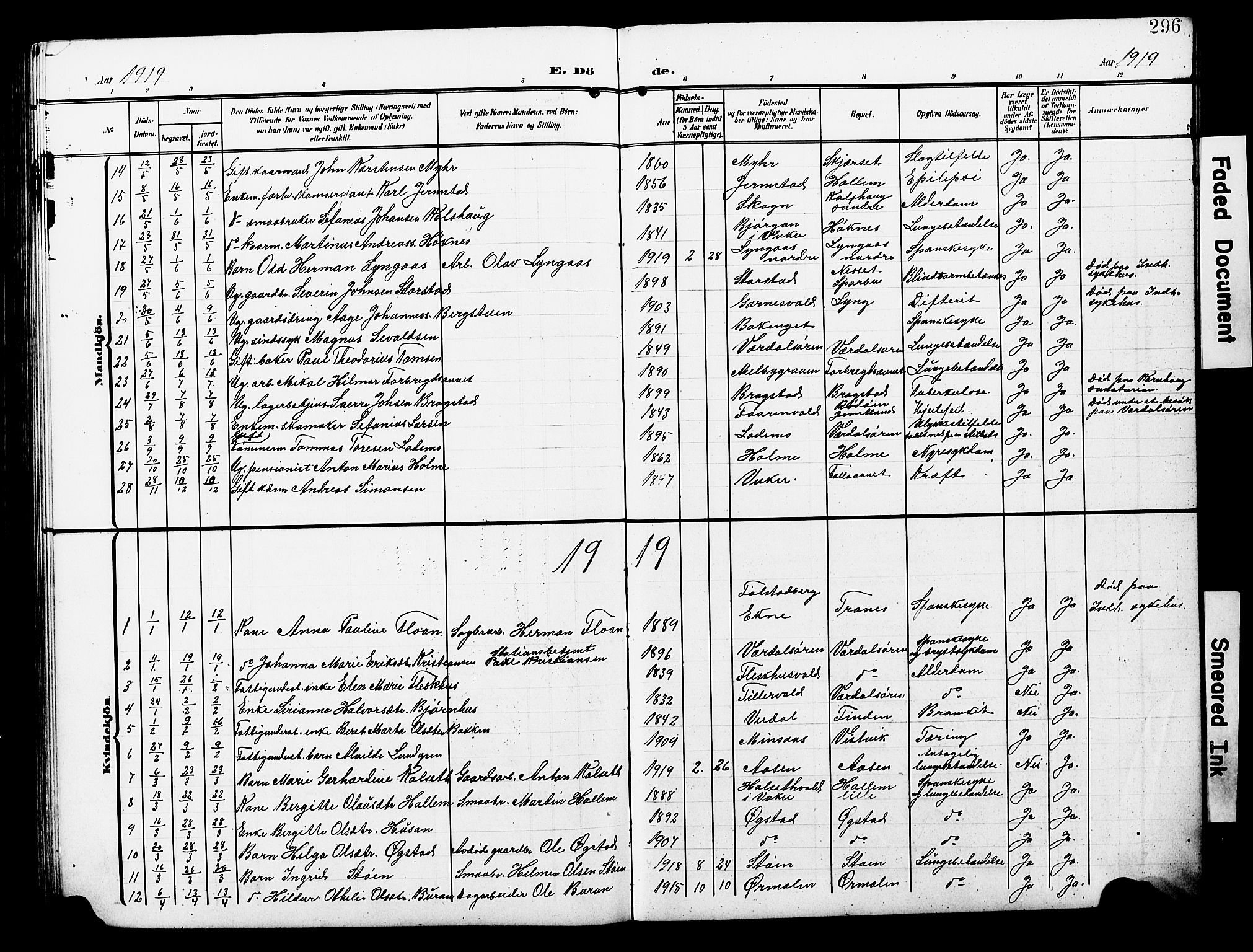 Ministerialprotokoller, klokkerbøker og fødselsregistre - Nord-Trøndelag, AV/SAT-A-1458/723/L0258: Parish register (copy) no. 723C06, 1908-1927, p. 296