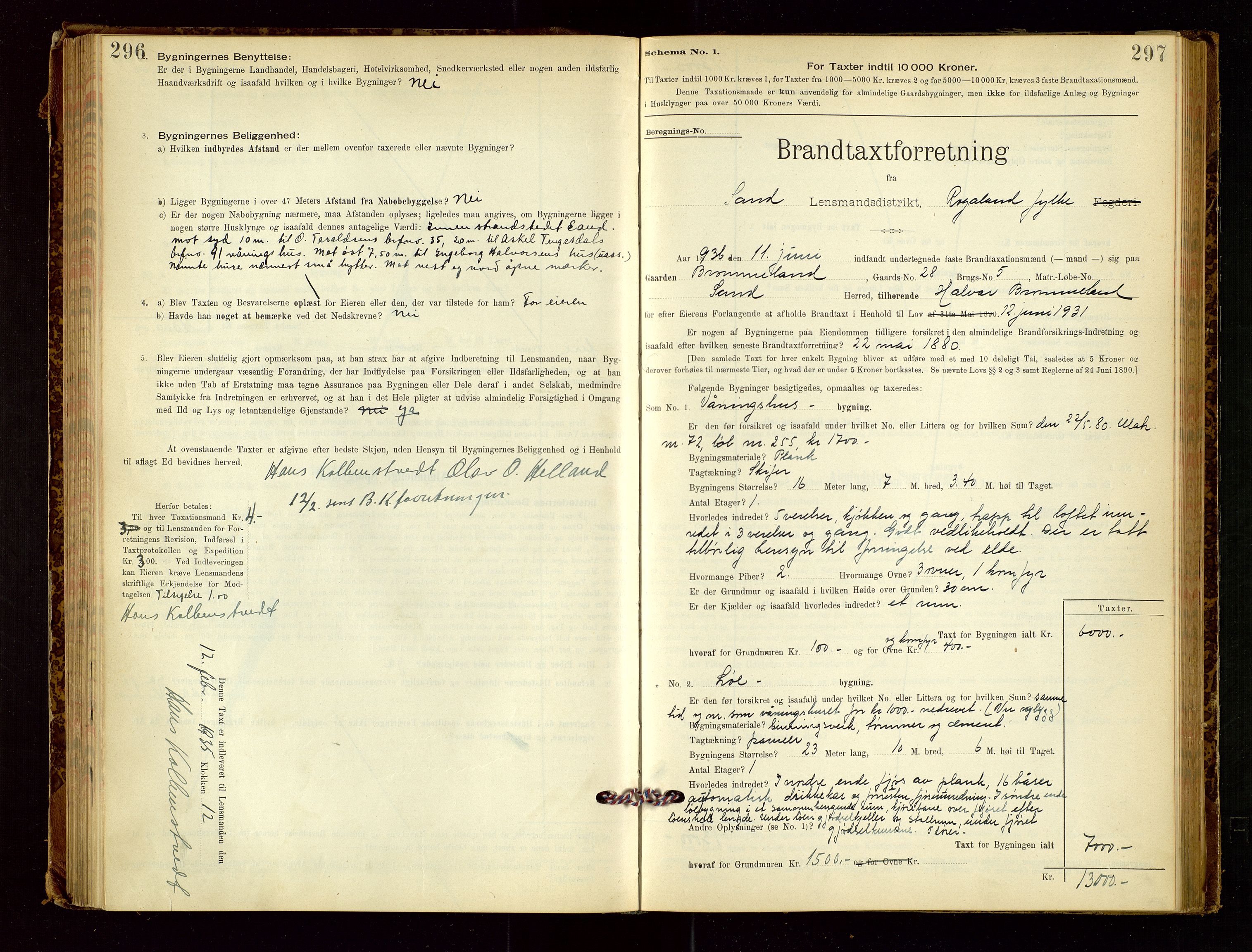 Sand lensmannskontor, AV/SAST-A-100415/Goc/L0001: "Brandtaxationsprotokol", 1895-1935, p. 296-297